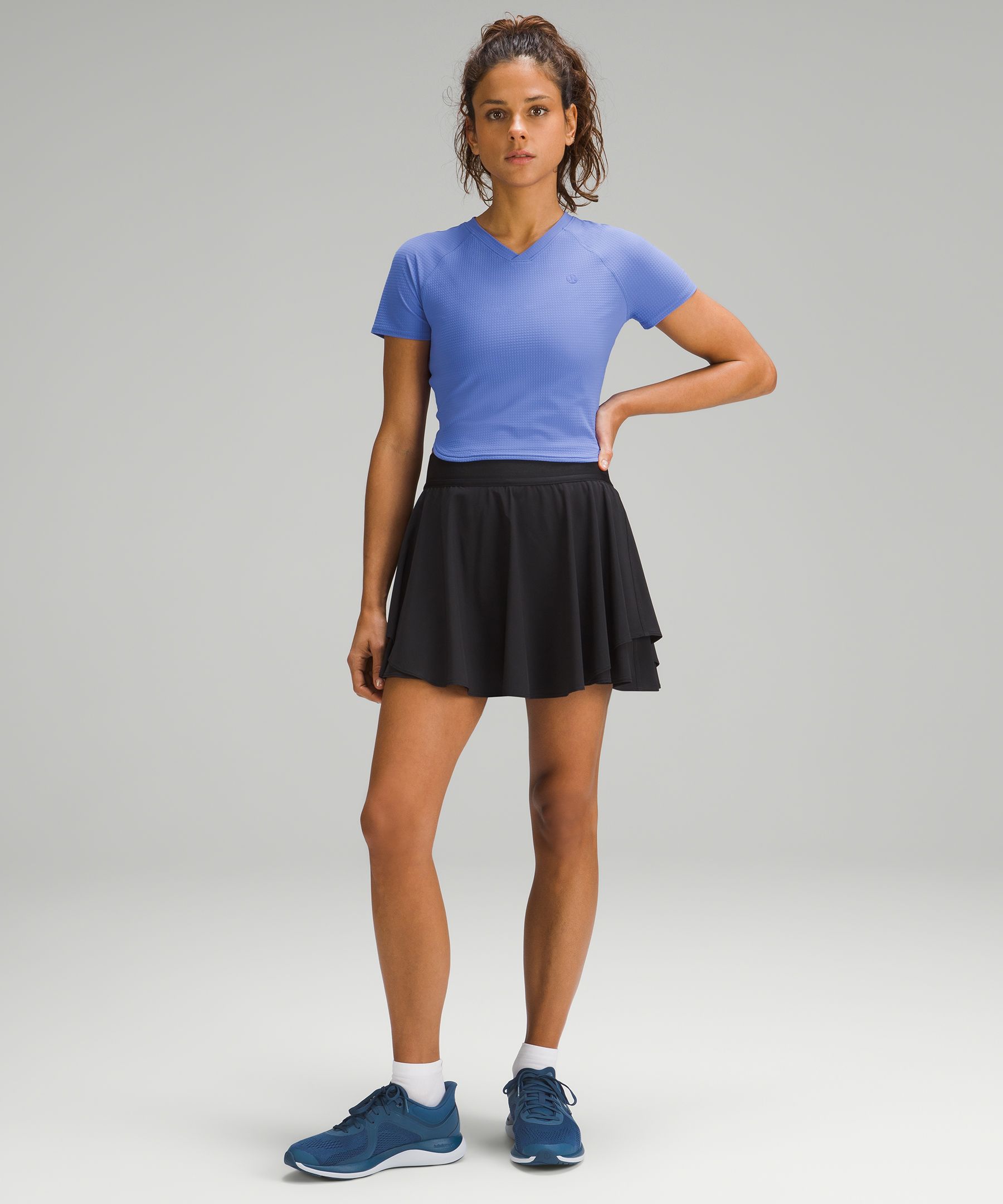 Grid-Texture Cropped Tennis Short-Sleeve Shirt Wild Indigo