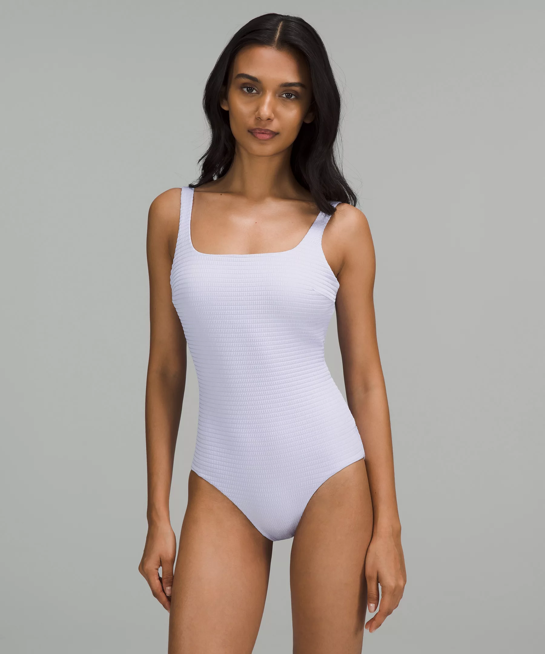 Waterside Square-Neck One-Piece Swimsuit *Smocked B/C Cup, Medium Bum Coverage Hyper Stripe Pastel Blue