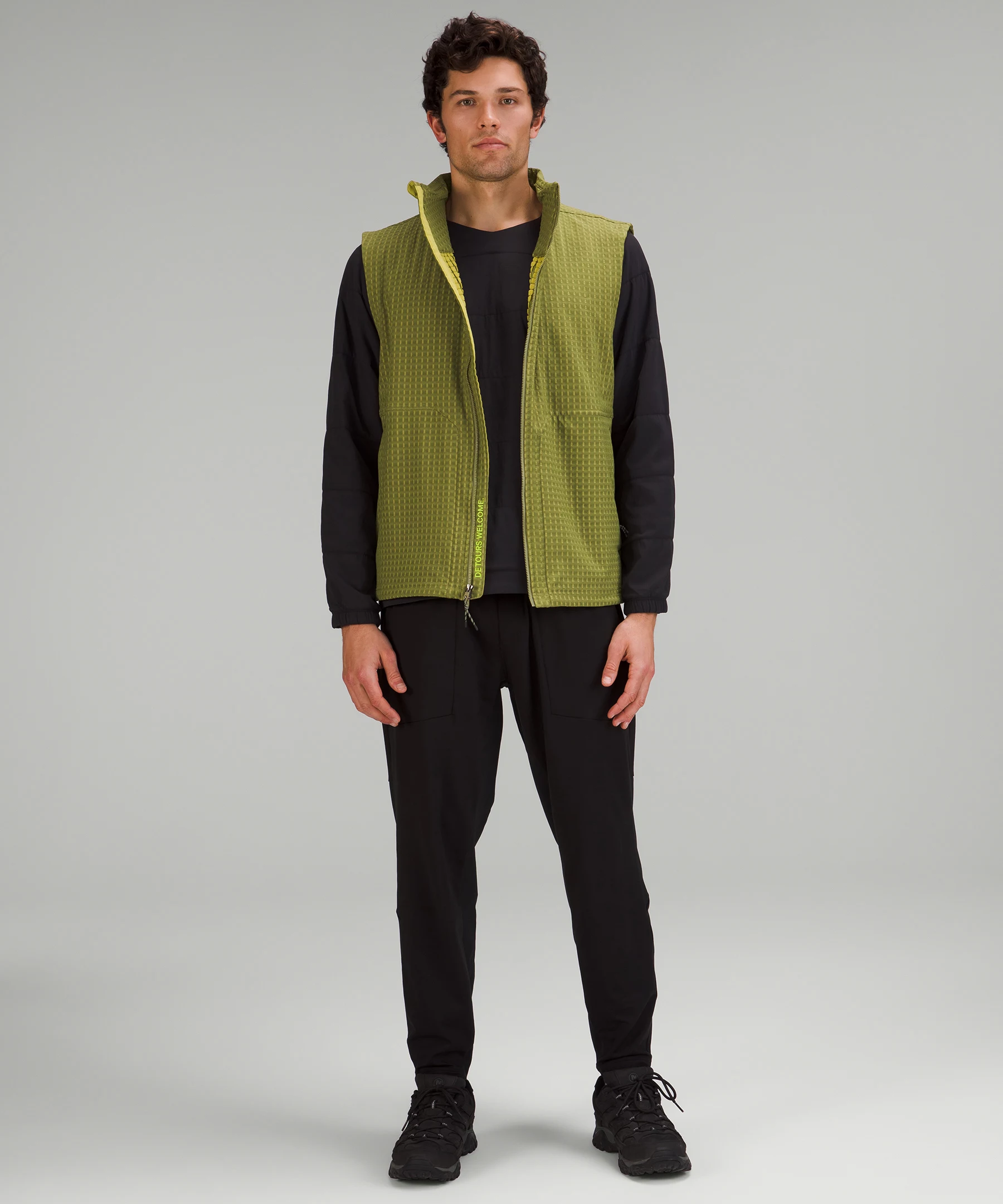 Water-Repellent Grid Fleece Hiking Vest Bronze Green/Yellow Pear