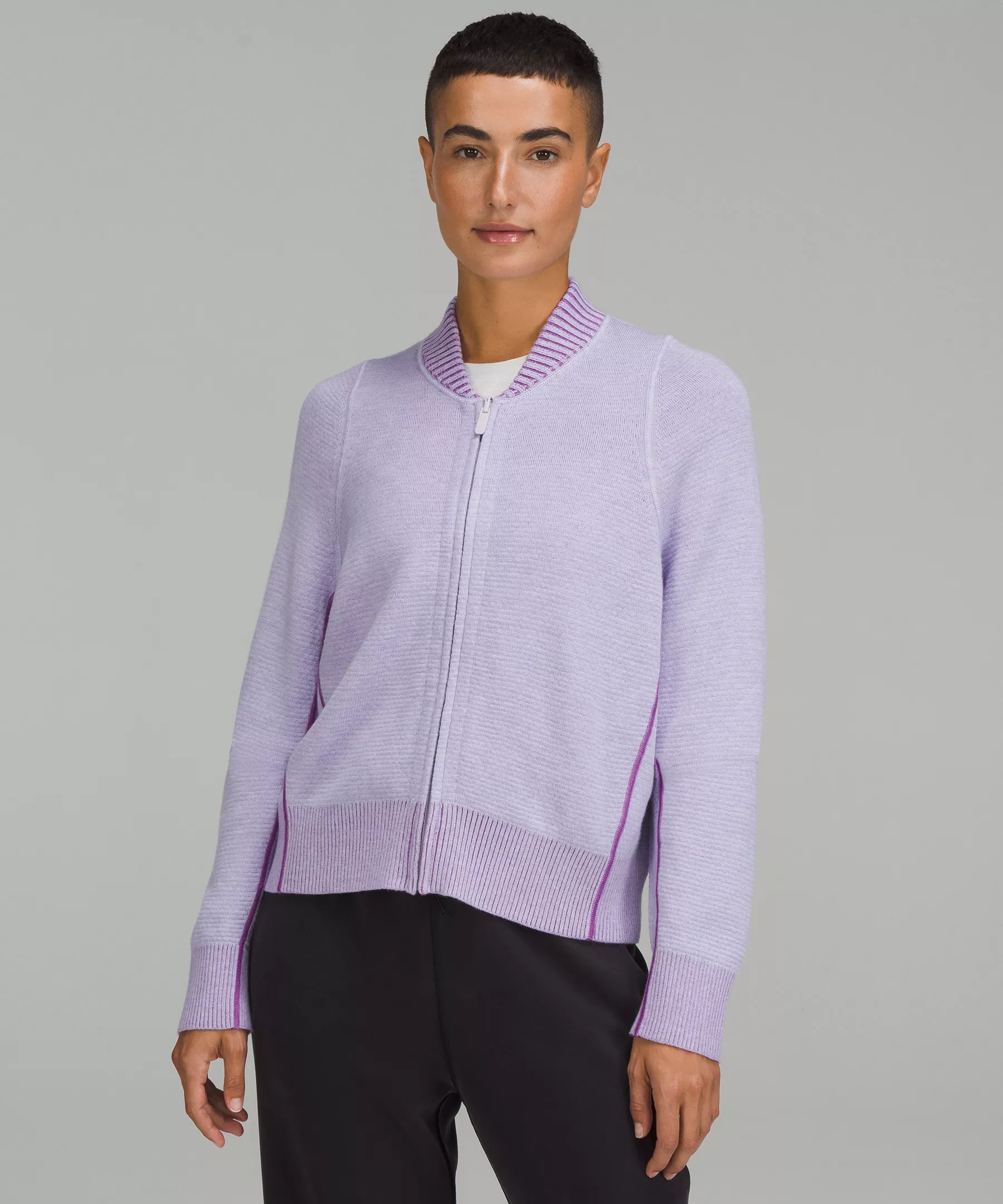Reversible Double-Knit Zip-Up Sweater Faint Lavender/Moonlit Magenta