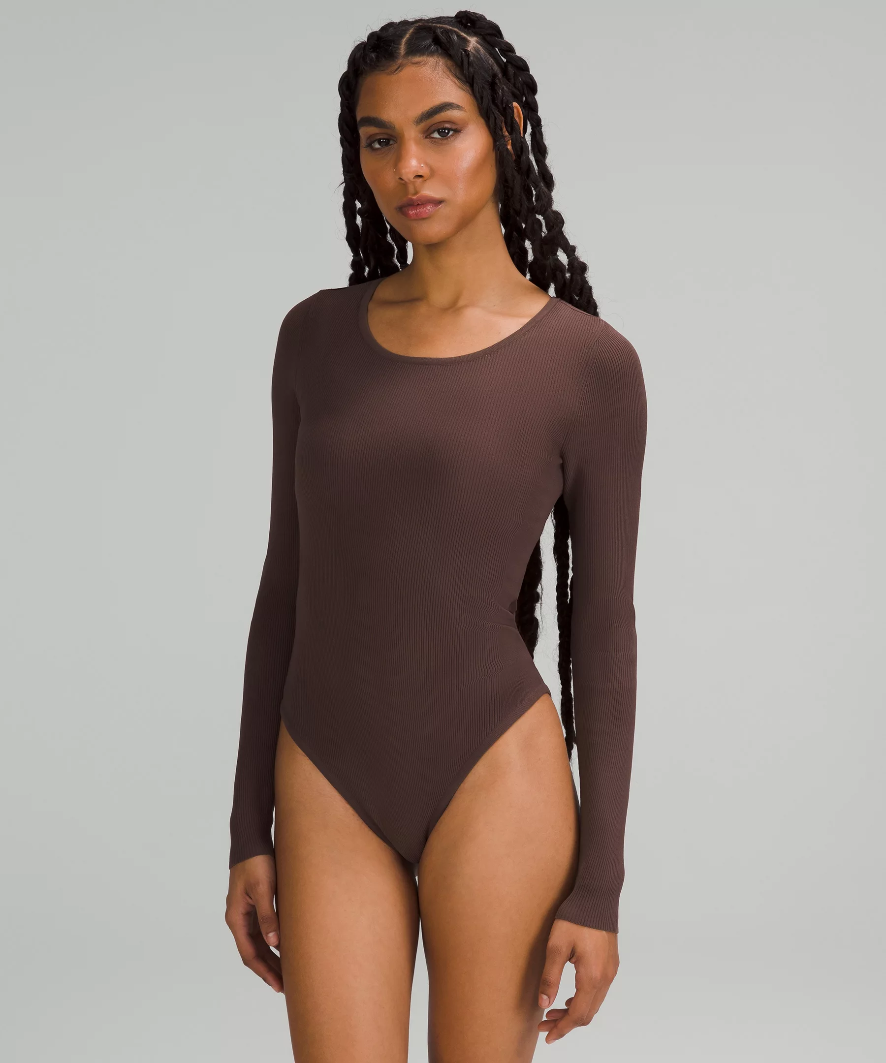 Tight-Fit Long-Sleeve Knit Bodysuit Java