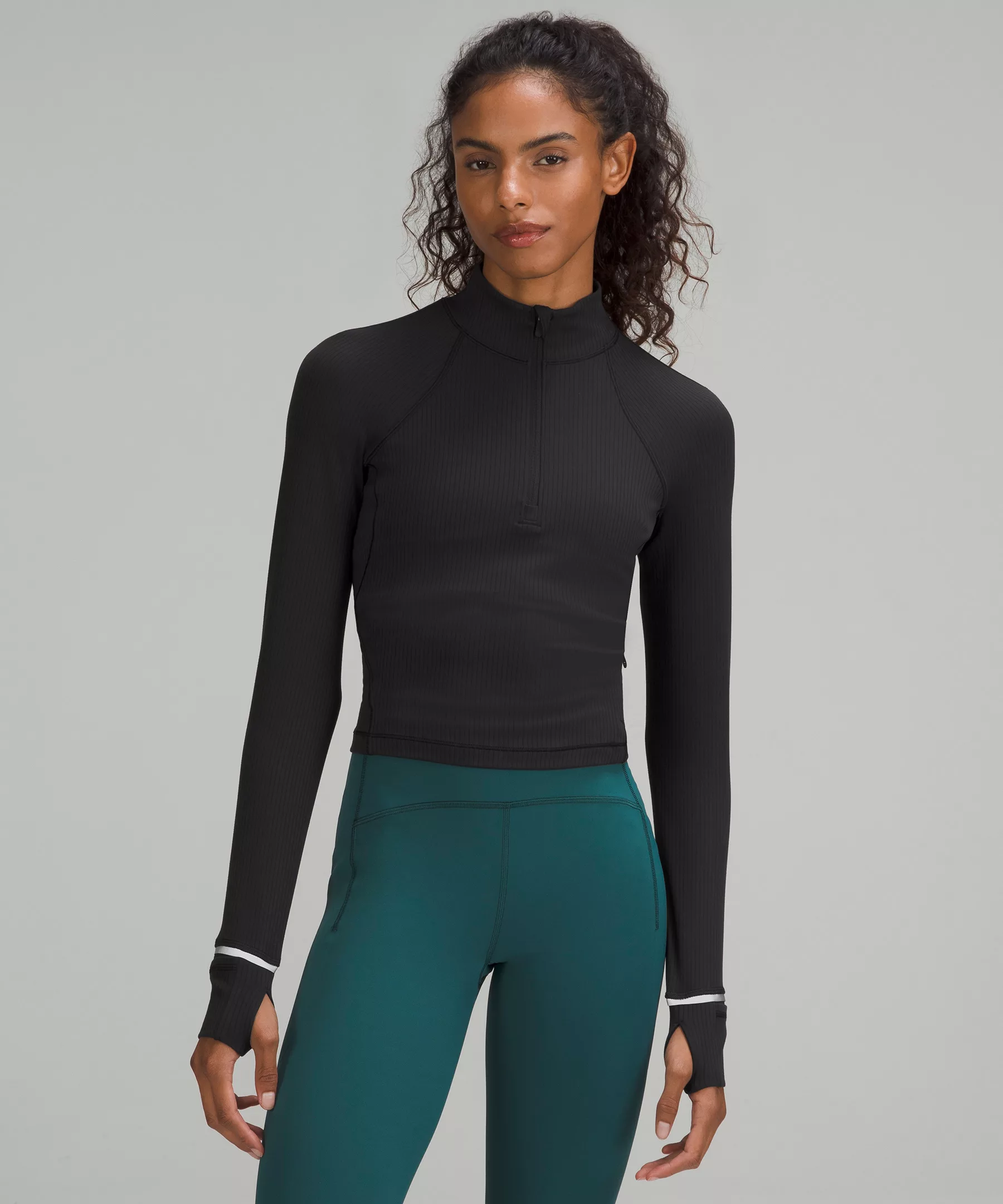 It's Rulu Run Ribbed Cropped Half Zip Black