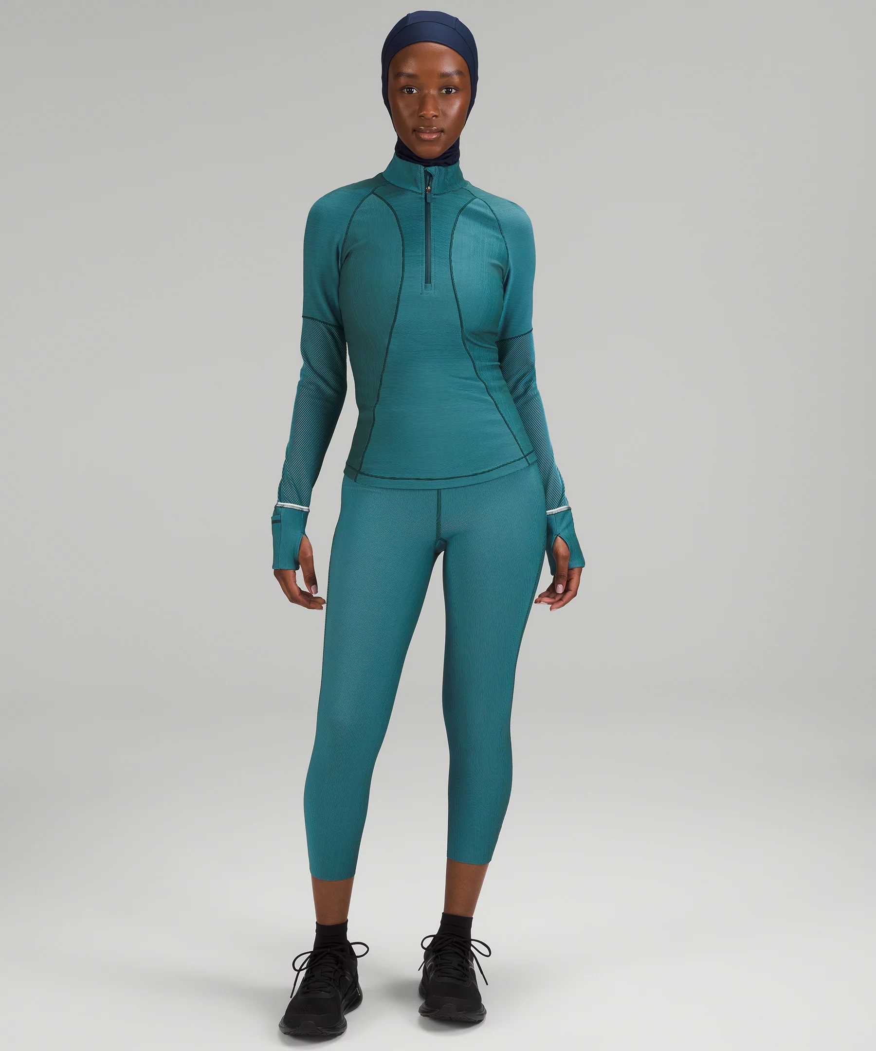 Two-Tone Ribbed Running Half Zip Green Jasper/Blue Chill