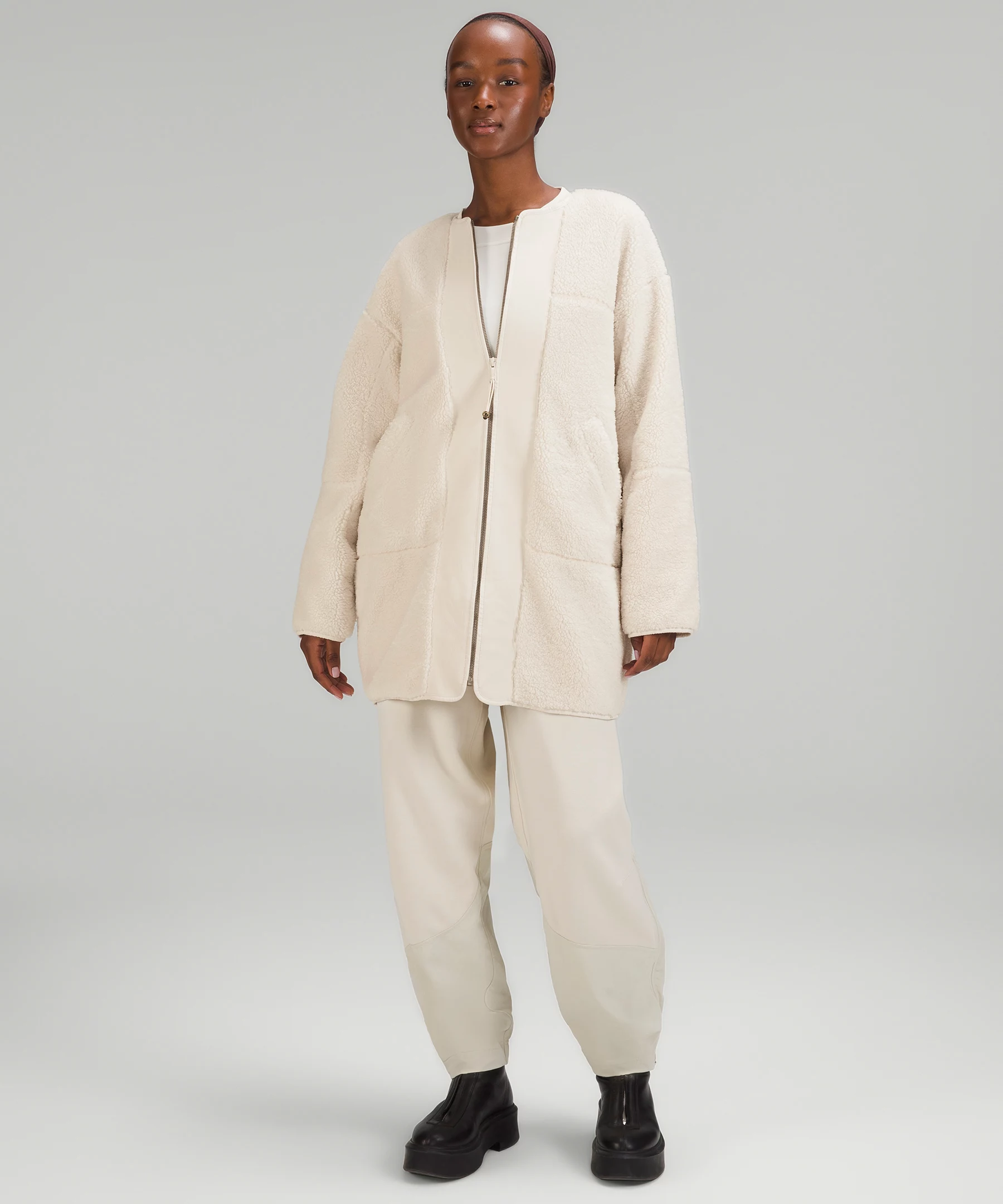 Collarless Textured Fleece Full Zip White Opal