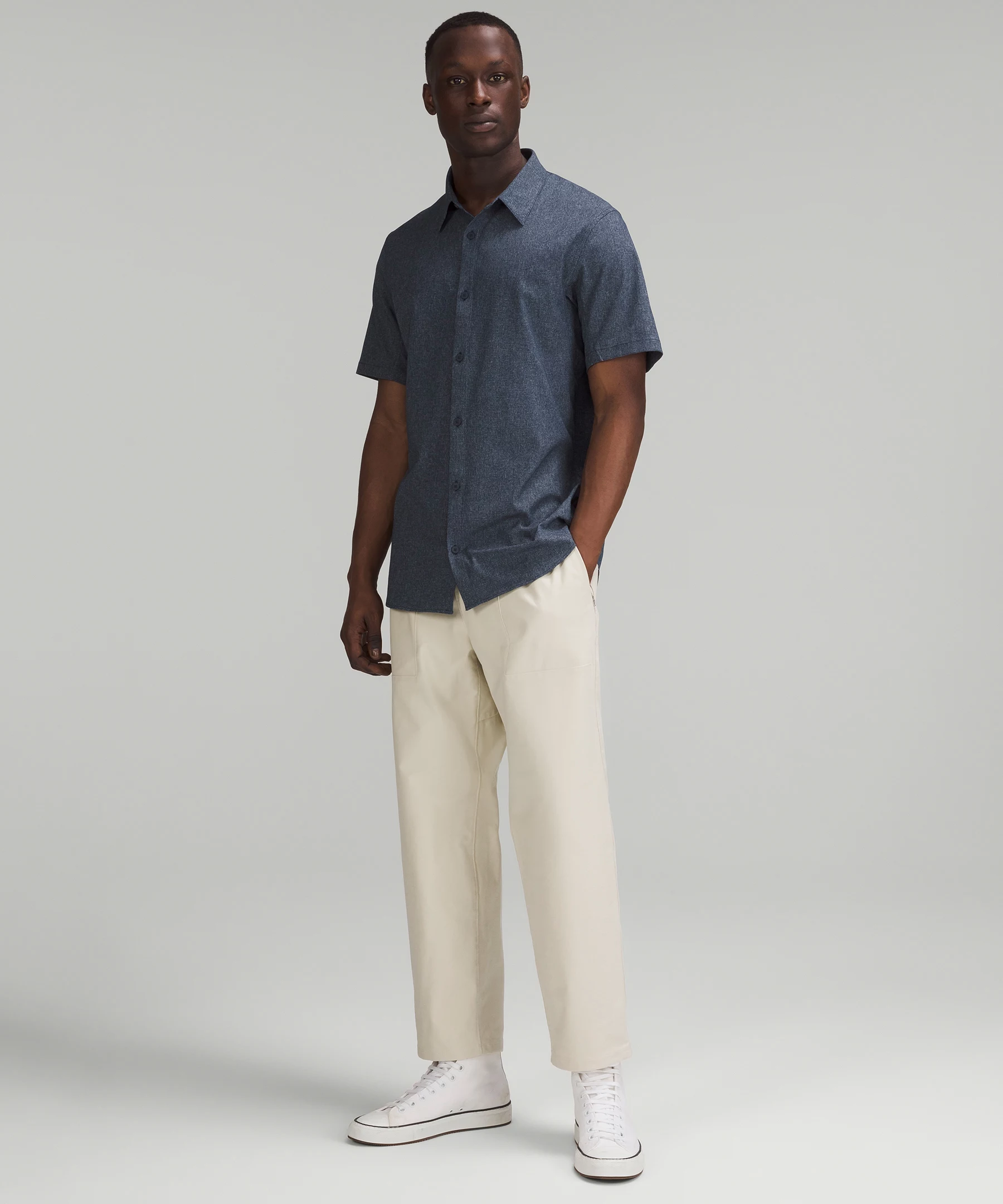 Airing Easy Short Sleeve Button Down Shirt Heathered True Navy