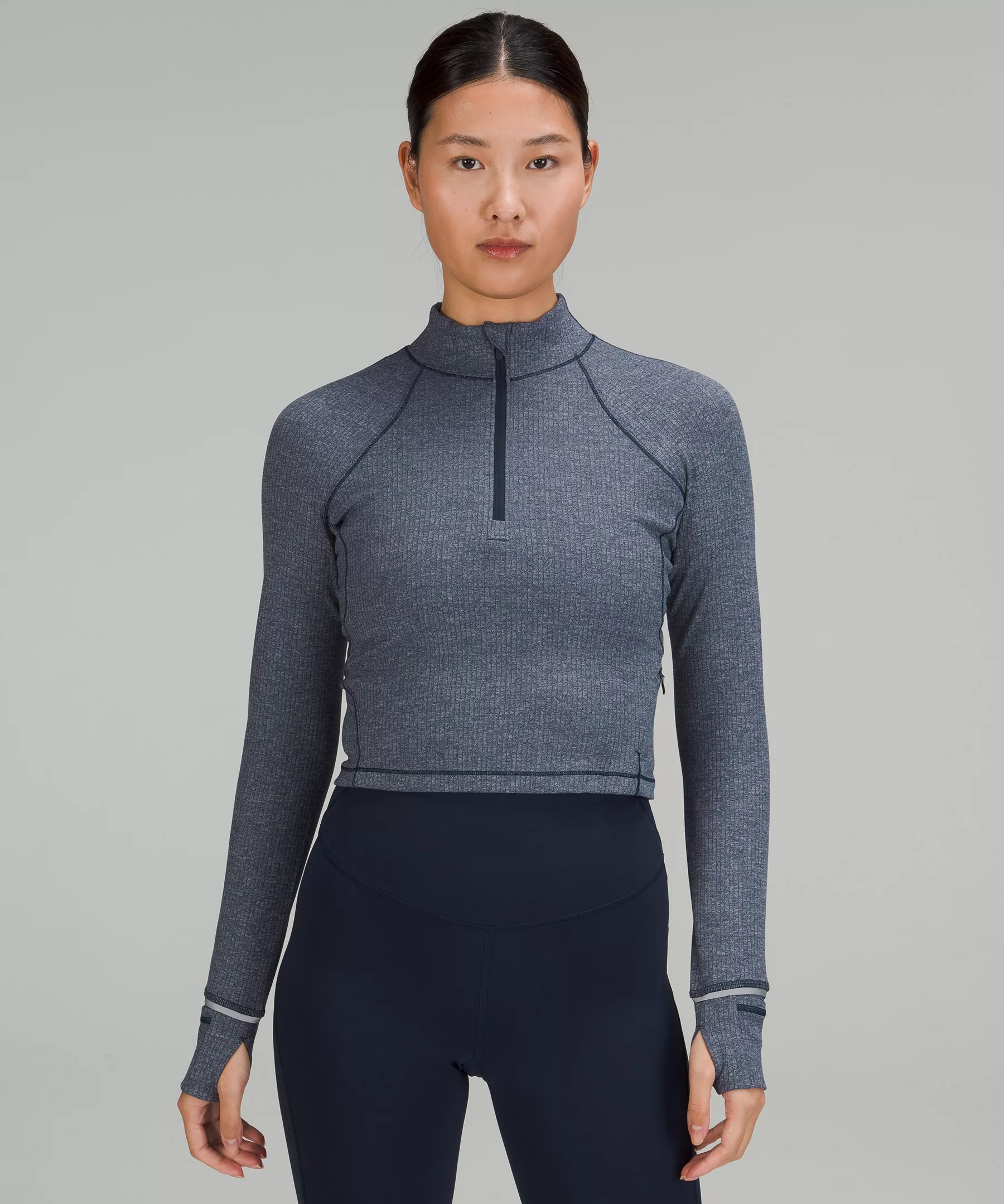 It's Rulu Run Cropped Half Zip *Ribbed Heathered True Navy