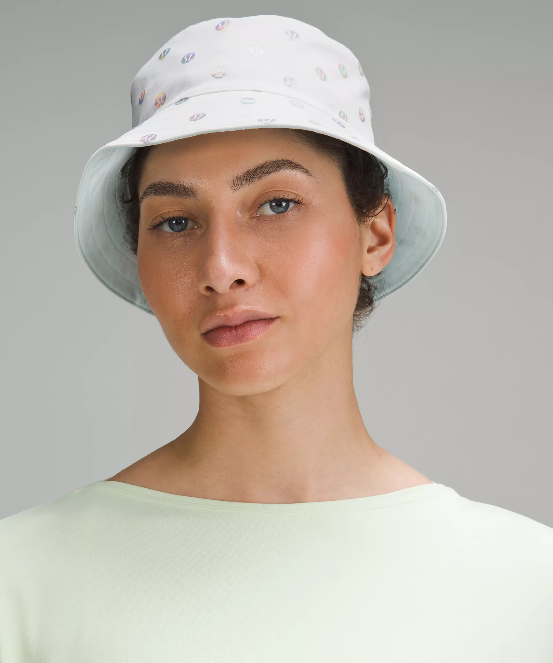 Both Ways Bucket Hat *Rainbow Polka Dot Logo Mini White Rainbow Foil/Powder Blue