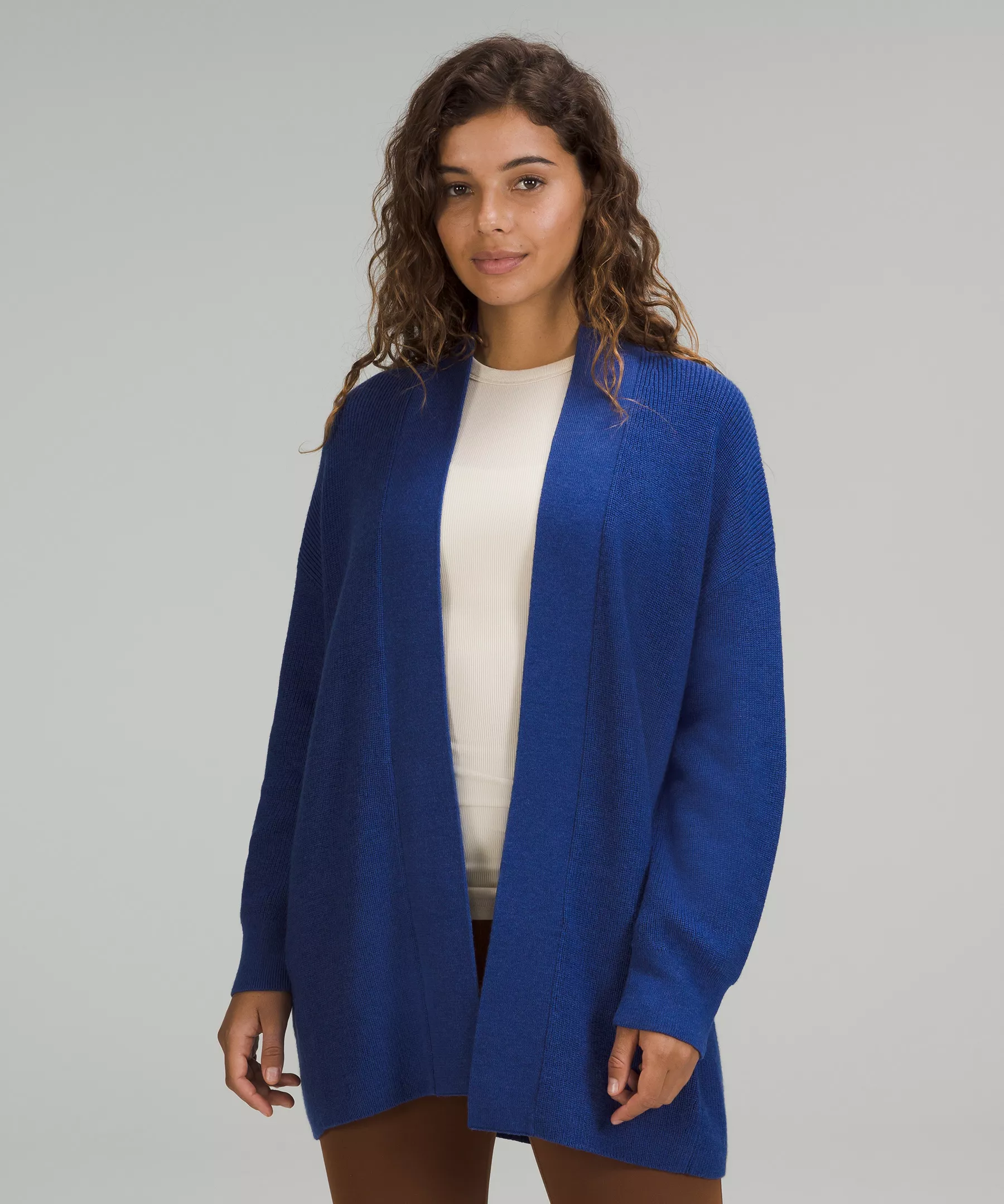 Merino Wool-Blend Ribbed Long Wrap Sweater Heathered Psychic