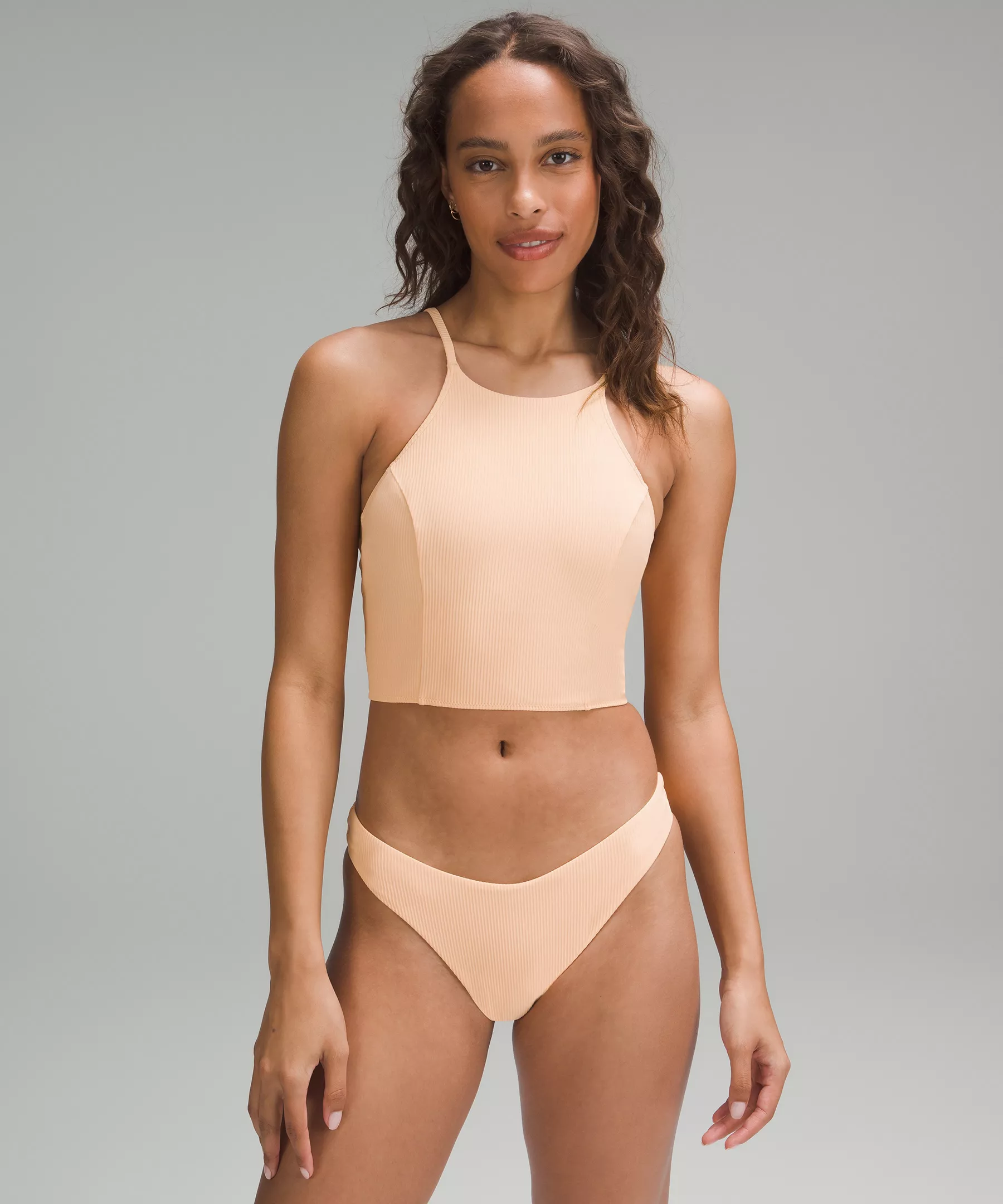 Ribbed High-Neck Longline Swim Top C/D Cup peach fuzz