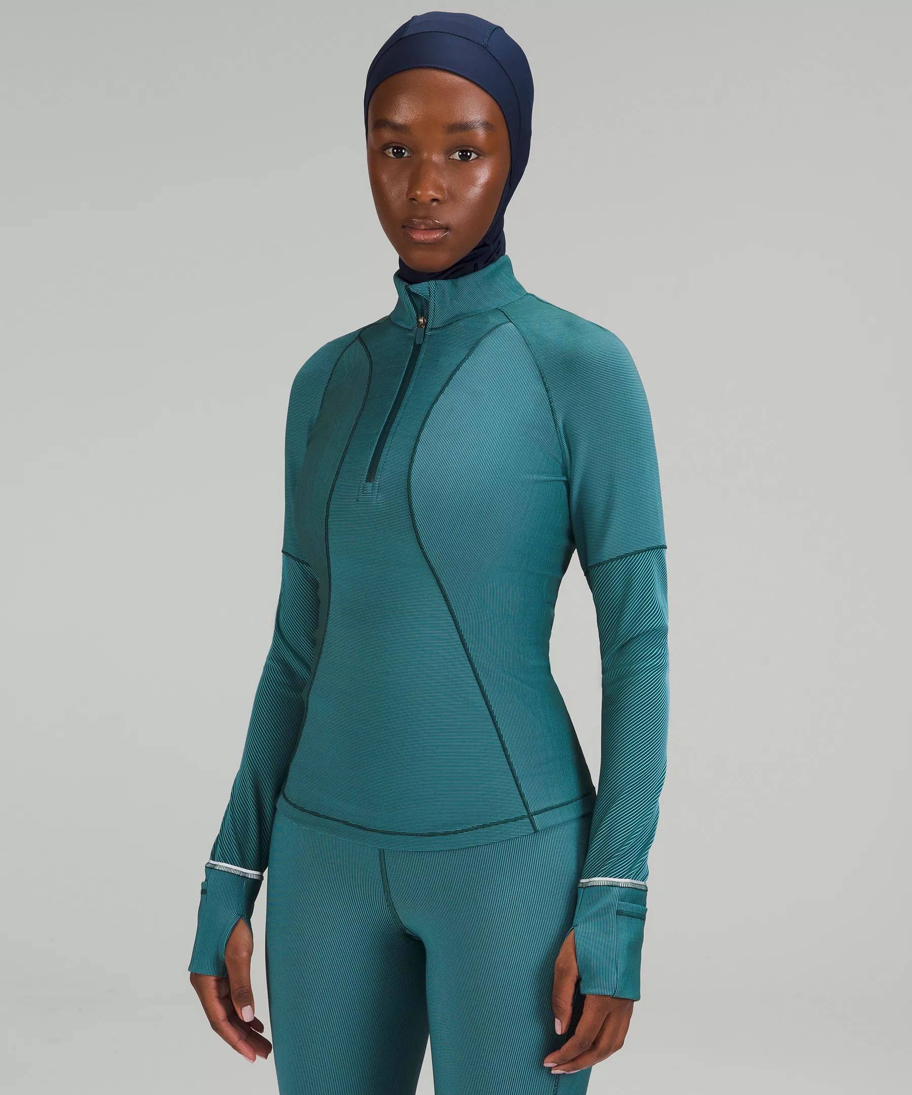 Two-Tone Ribbed Running Half Zip Green Jasper/Blue Chill