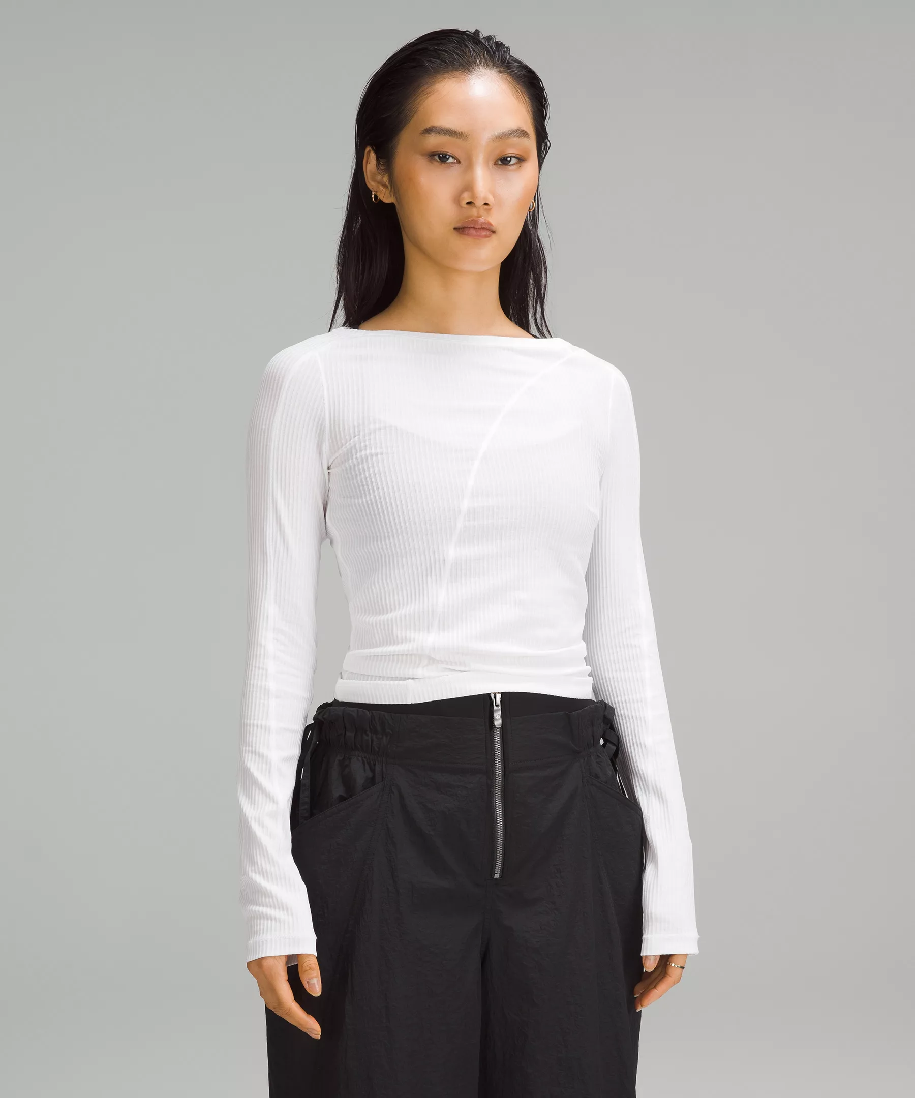Asymmetrical Ribbed Cotton Long-Sleeve Shirt White