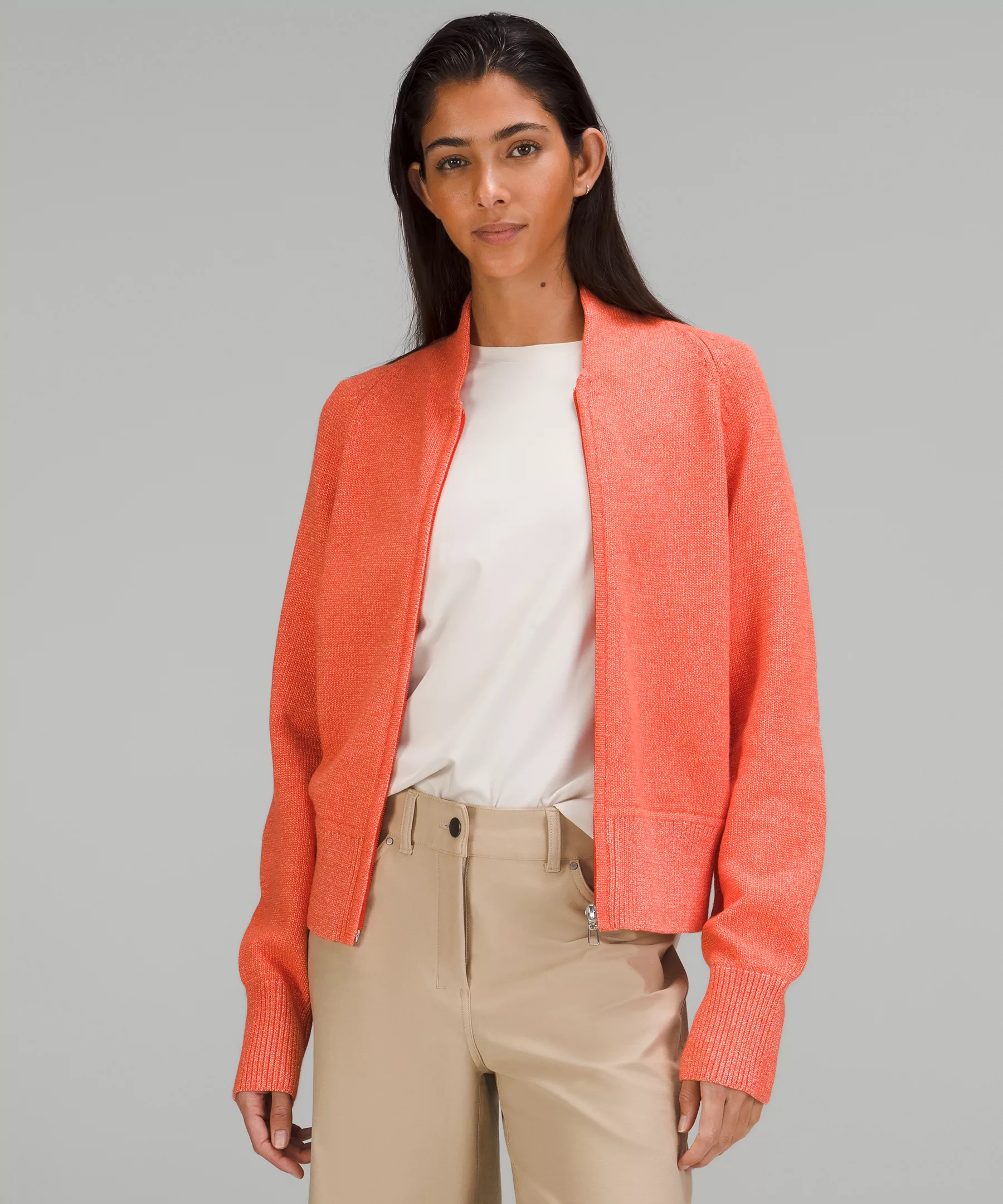 Cotton-Blend Full-Zip Sweater Heathered Solar Orange
