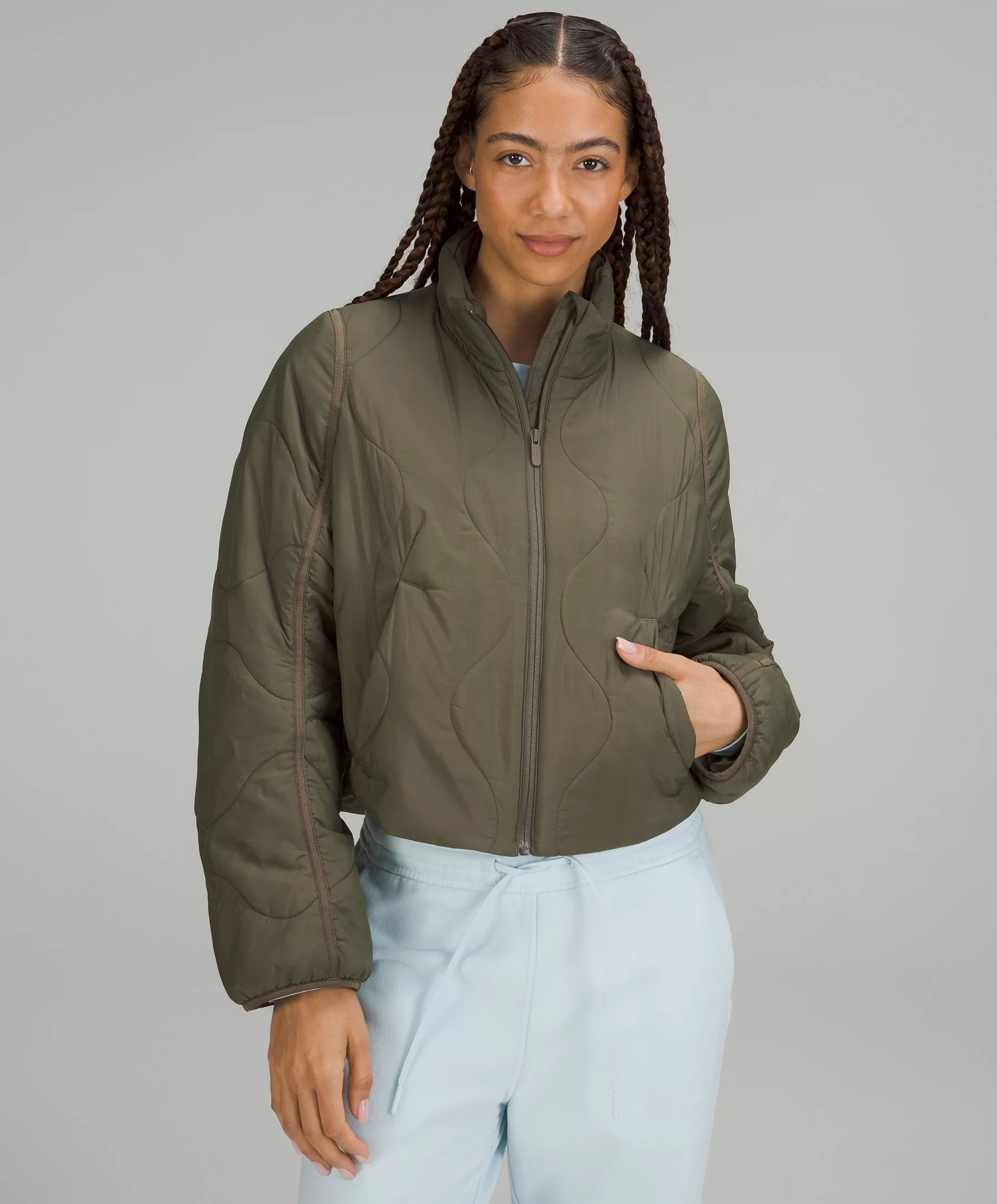 Quilted Light Insulation Cropped Jacket Medium Olive