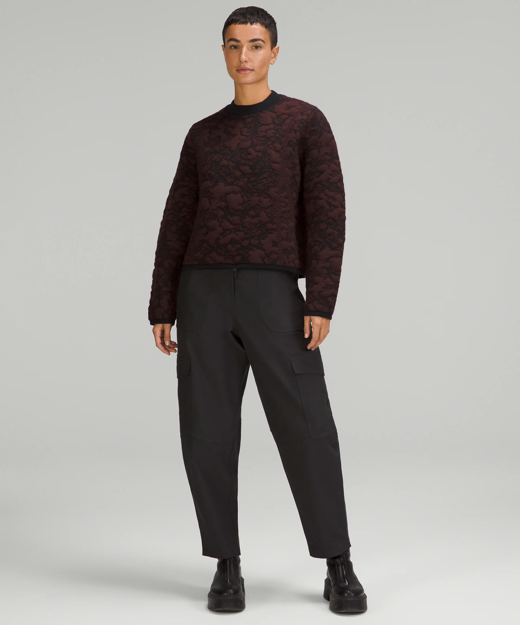 Jacquard Multi-Texture Crew Neck Sweater Red Merlot/Black