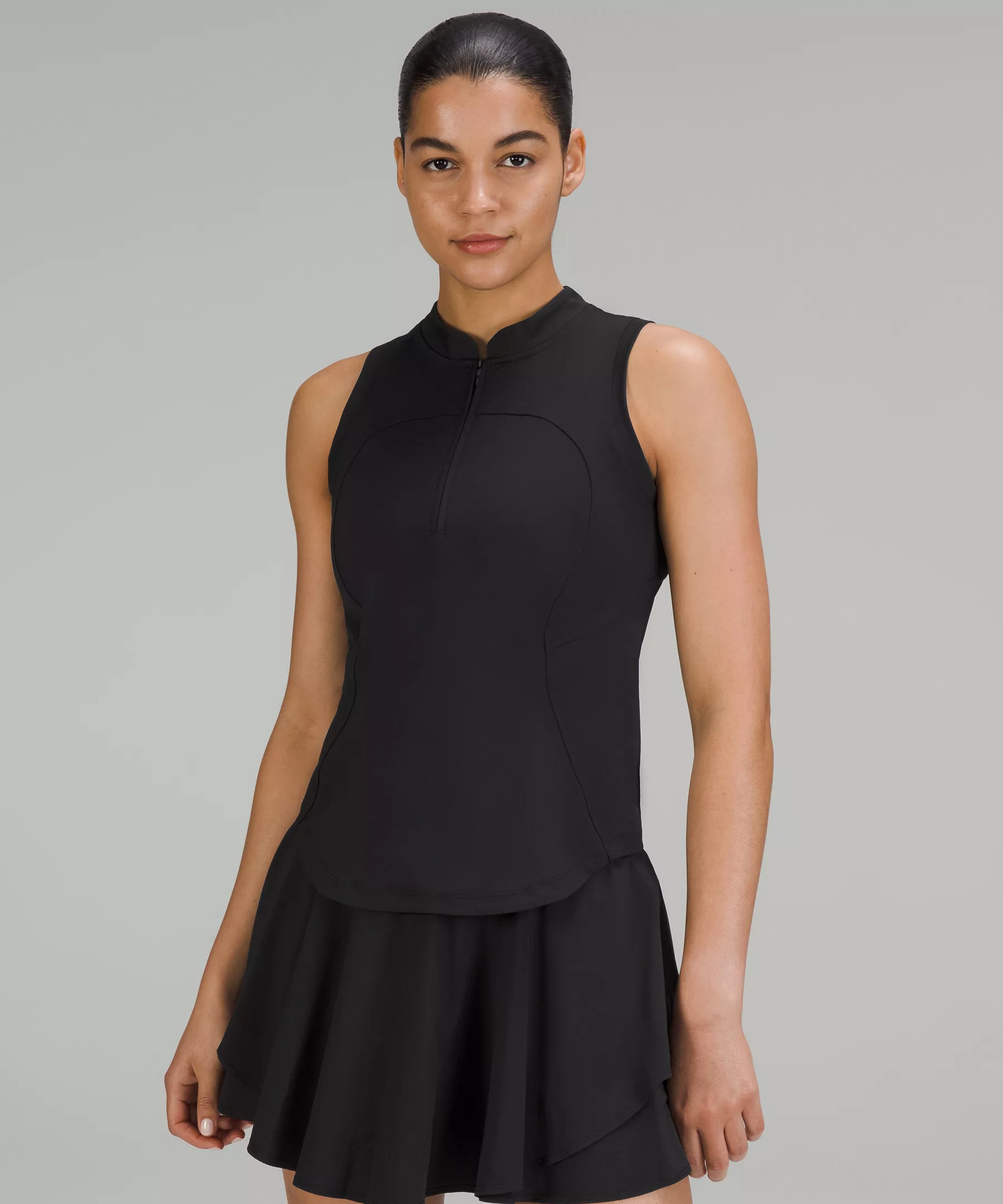 Front-Zip Mock-Neck Tennis Tank Top Black
