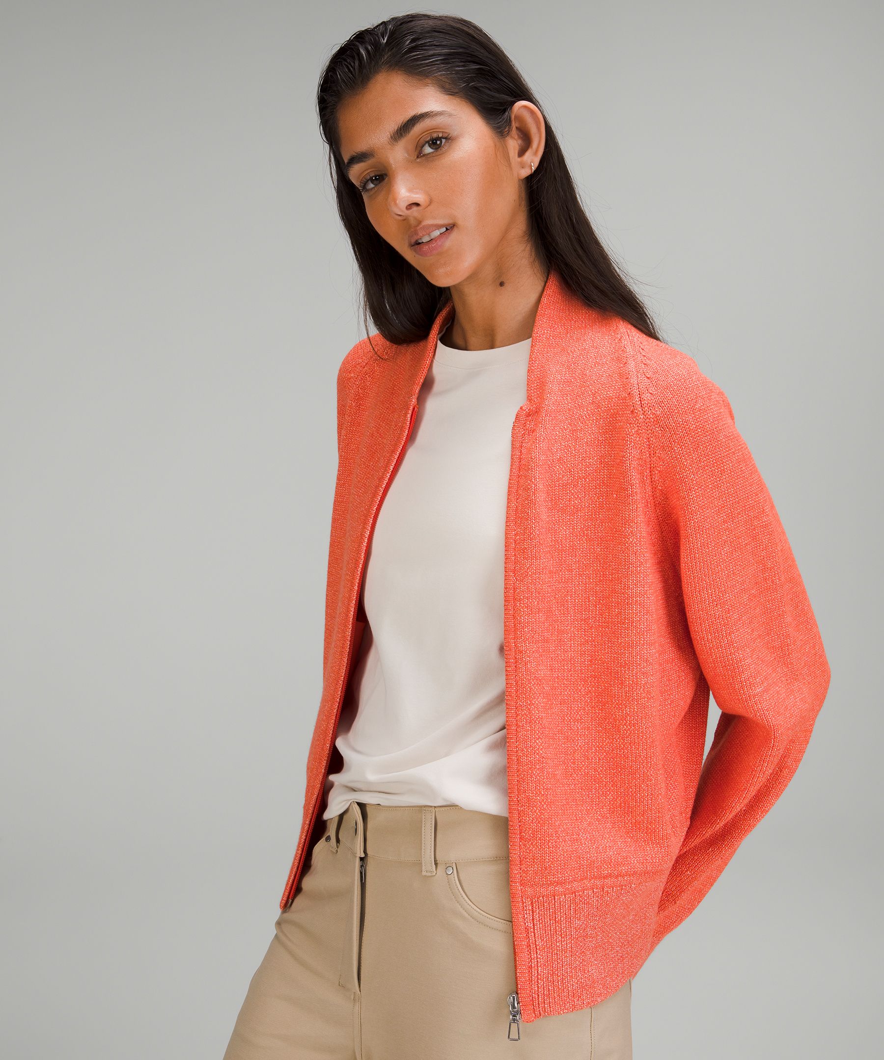Cotton-Blend Full-Zip Sweater Heathered Solar Orange