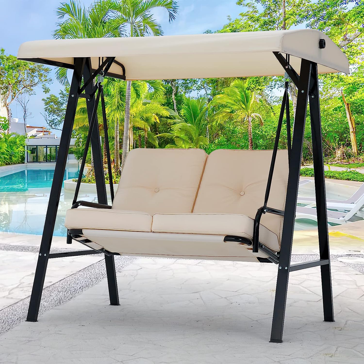 AECOJOY 3Seat Outdoor Porch Swing with Adjustable Backrest and Canopy, Patio Swing w/Removable