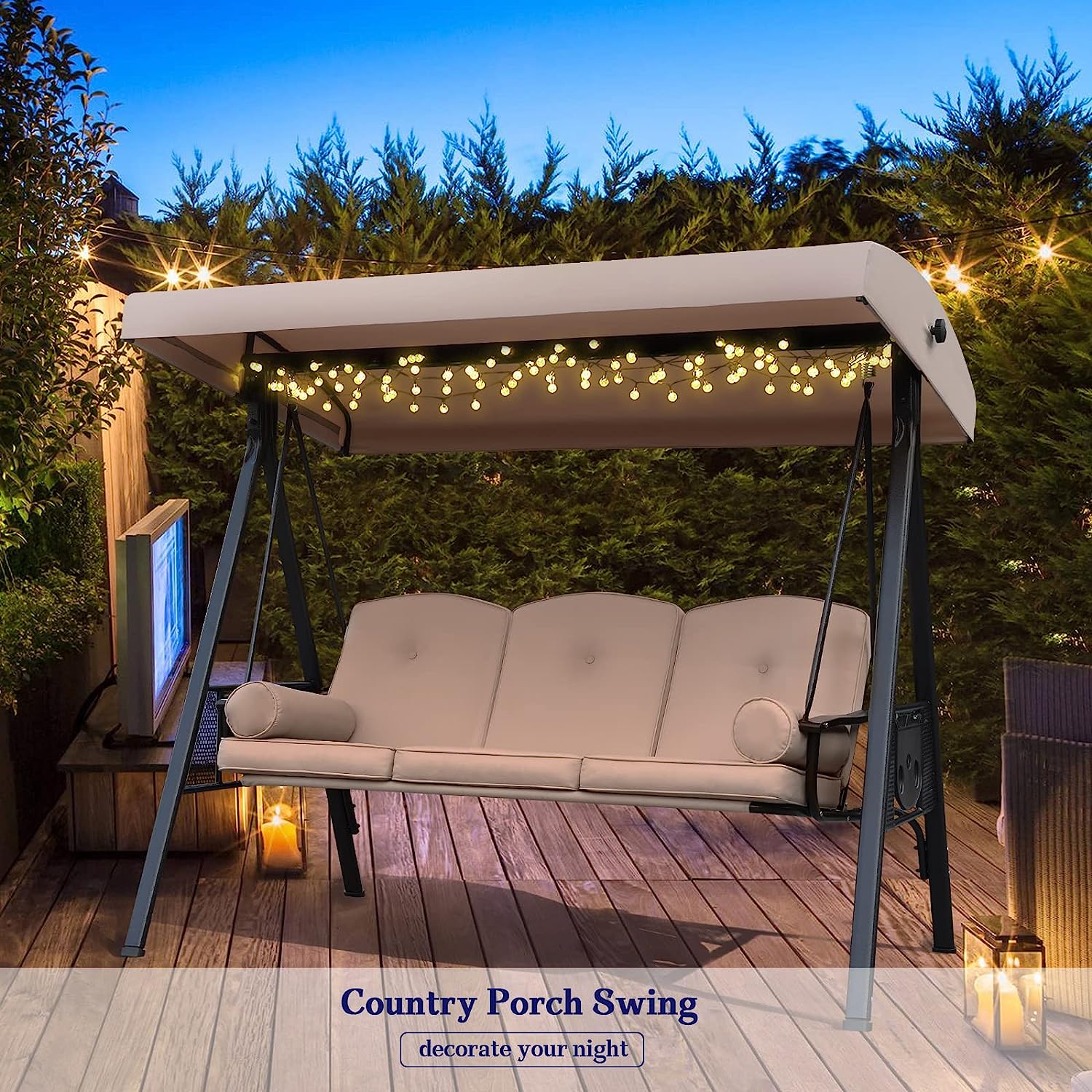 NOBLEMOOD Outdoor Porch Swing with Stand and Canopy, 3 Seat