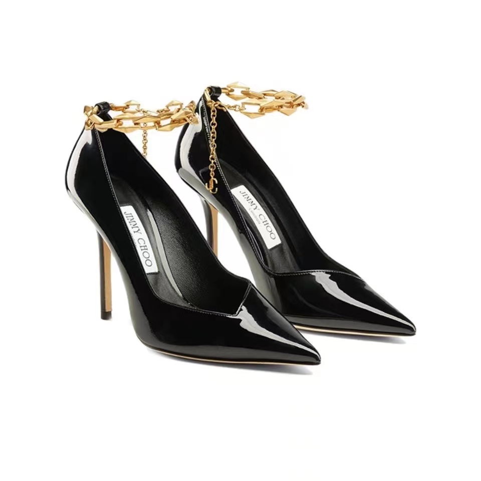 Jimmy Choo Talura Patent Leather Chain 10CM Slim Heel Slide Sandal (Replica)