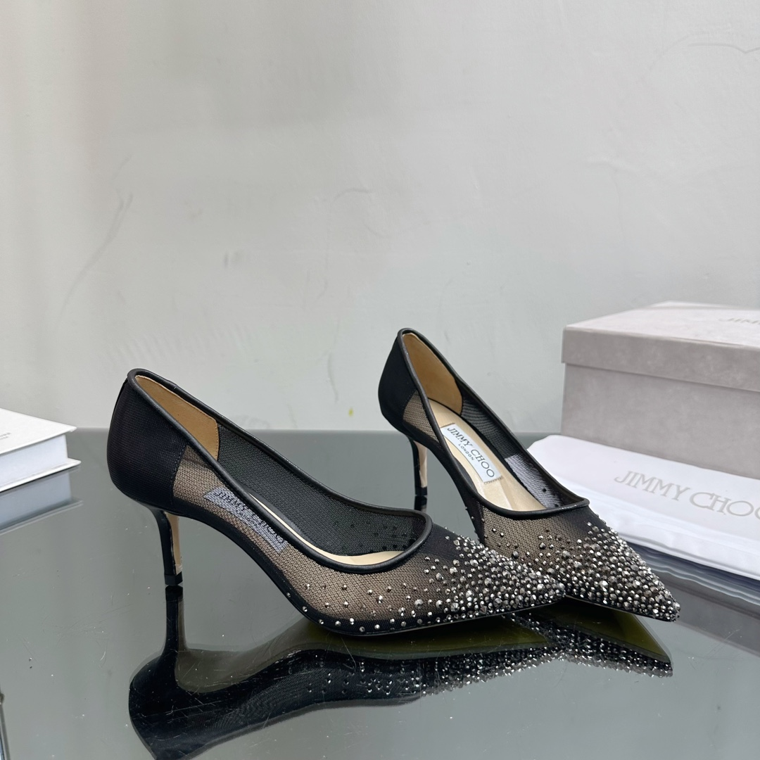 Jimmy Choo Black Mesh Pointed Stiletto Heels Slide Sandal (Replica)