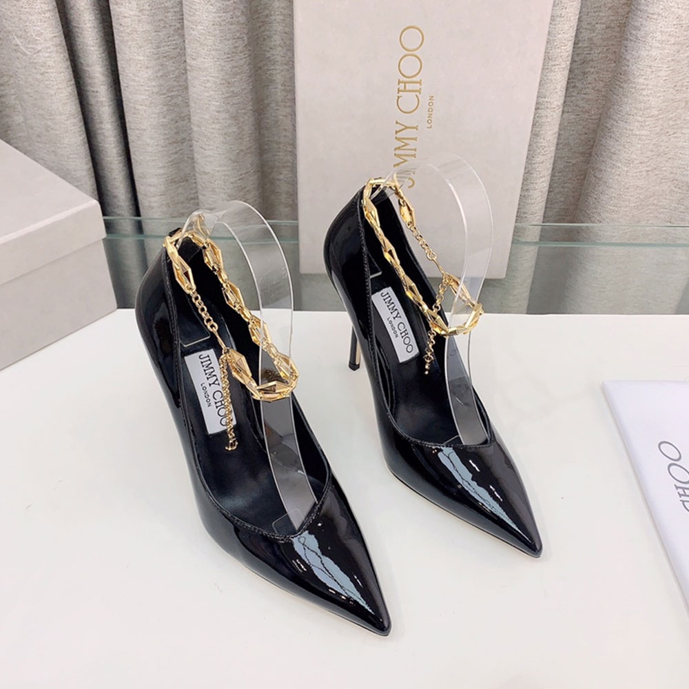 Jimmy Choo Talura Patent Leather Chain 10CM Slim Heel Slide Sandal (Replica)