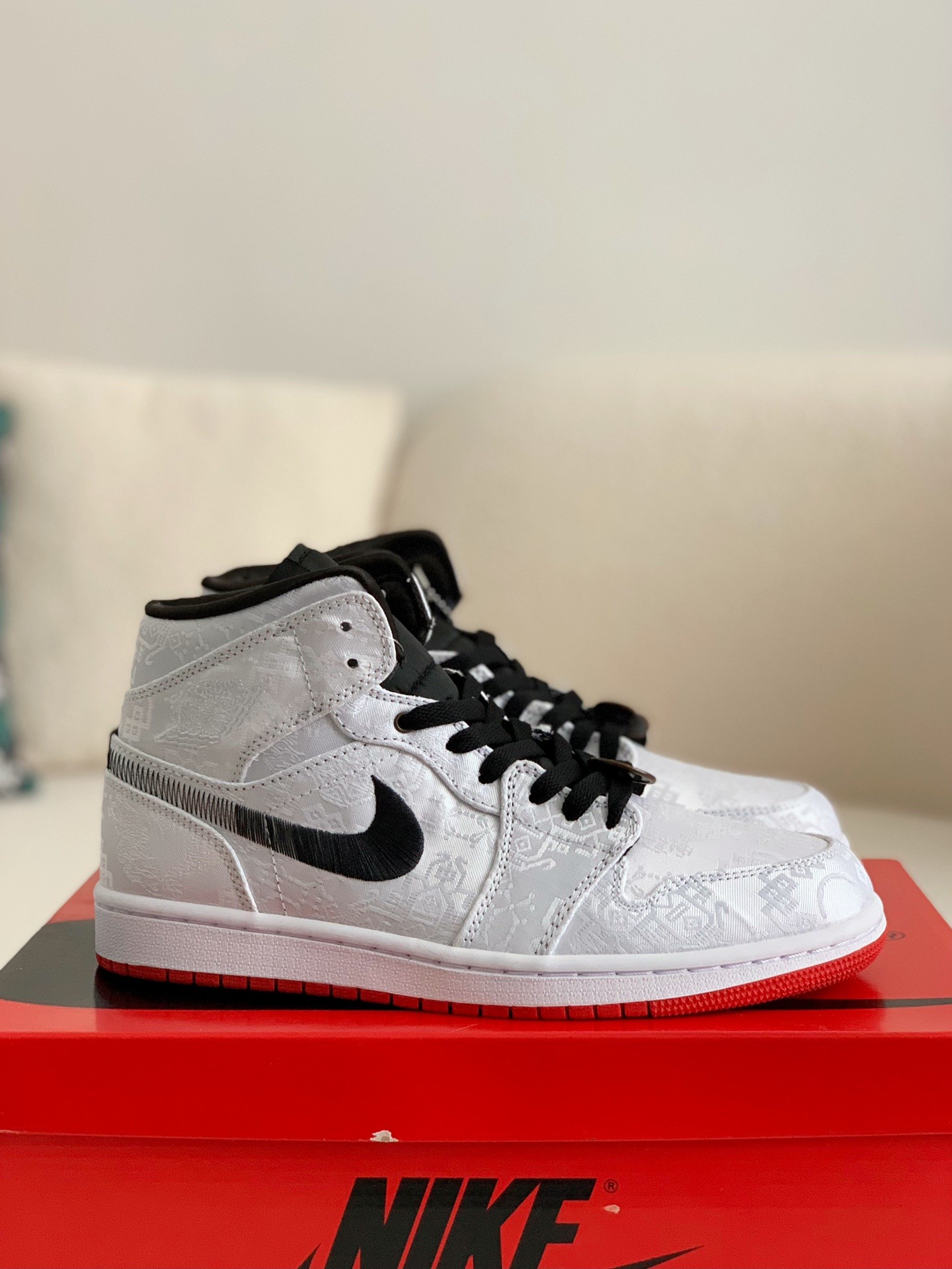 Clot x Air Jordan AJ1 Mid Fearless White Silk Sneakers