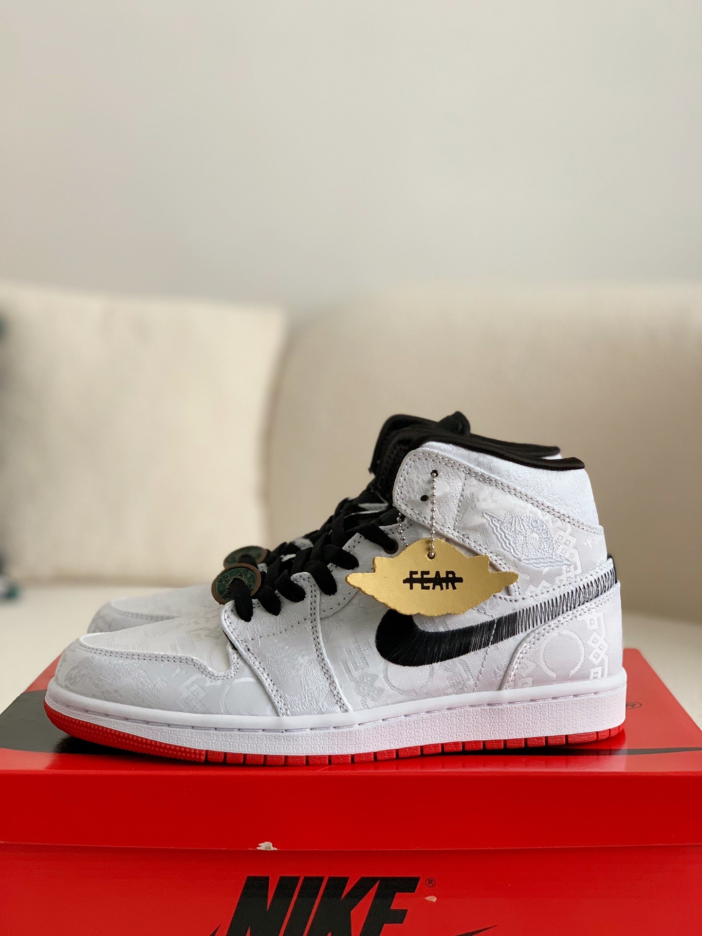 Clot x Air Jordan AJ1 Mid Fearless White Silk Sneakers