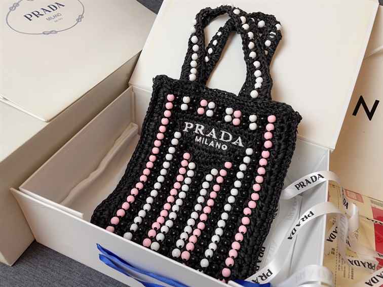PRADA Raffia Embroidered Wood Tote Bag  replica