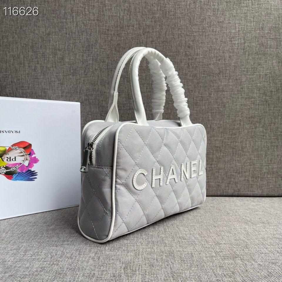 Chanel Vintage Logo Bowler Quilted Medium Gray Canvas Tote replica