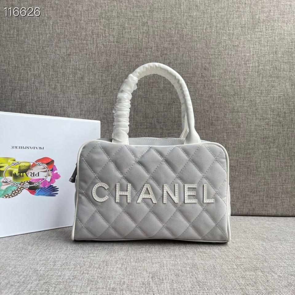 Chanel Vintage Logo Bowler Quilted Medium Gray Canvas Tote replica