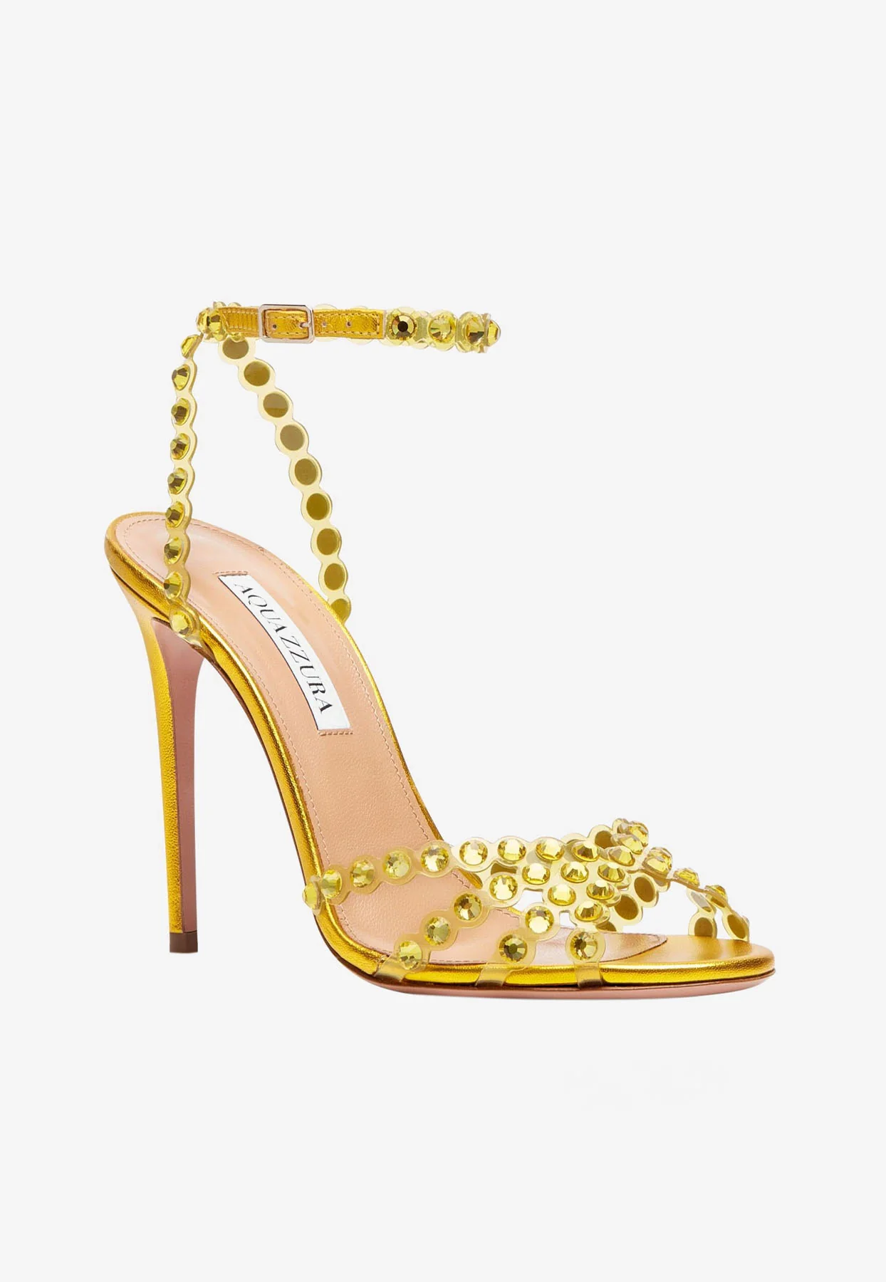 Aquazzura Tequila 105 Crystal-Embellished Sandals in Metallic Leather Women Shoes