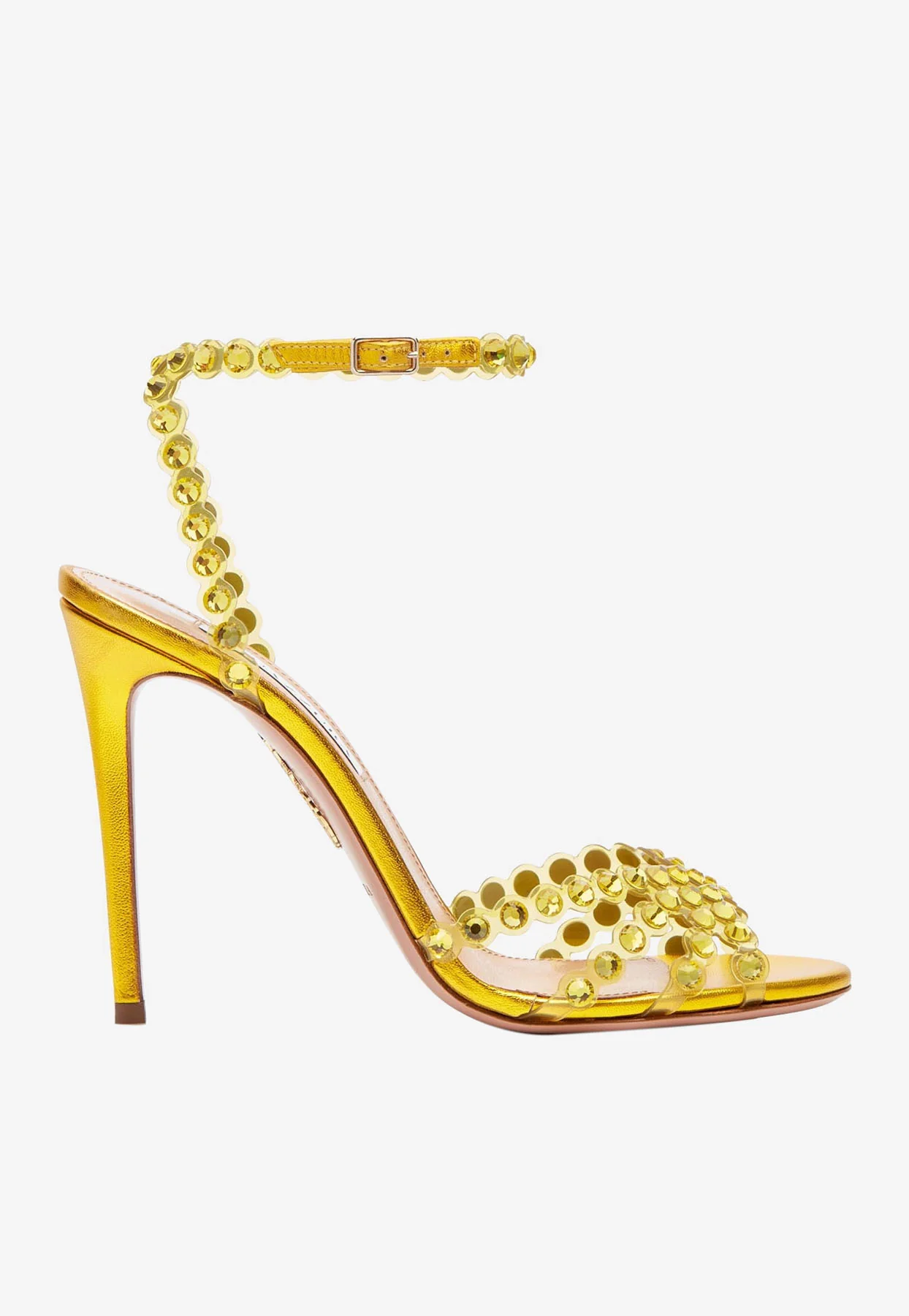 Aquazzura Tequila 105 Crystal-Embellished Sandals in Metallic Leather Women Shoes