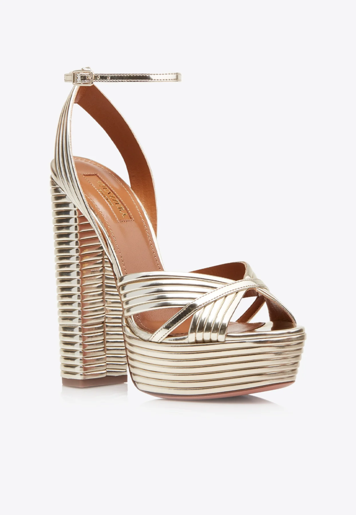 Aquazzura Sundance Plateau 140 Platform Sandals in Mirrored Leather Women Shoes