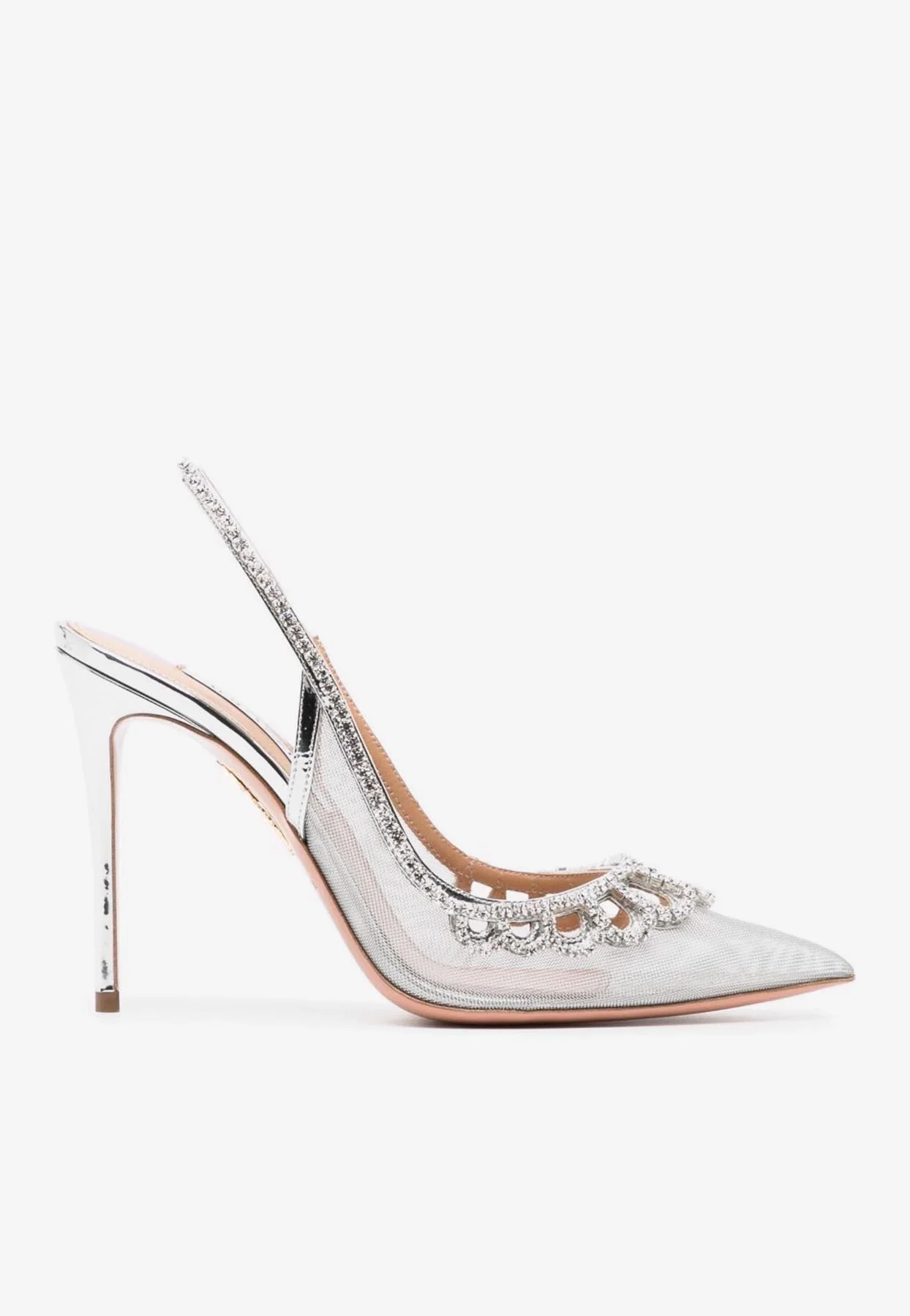 Aquazzura Tiara 105 Slingback Crystal Embellished Mesh Pumps Women Shoes