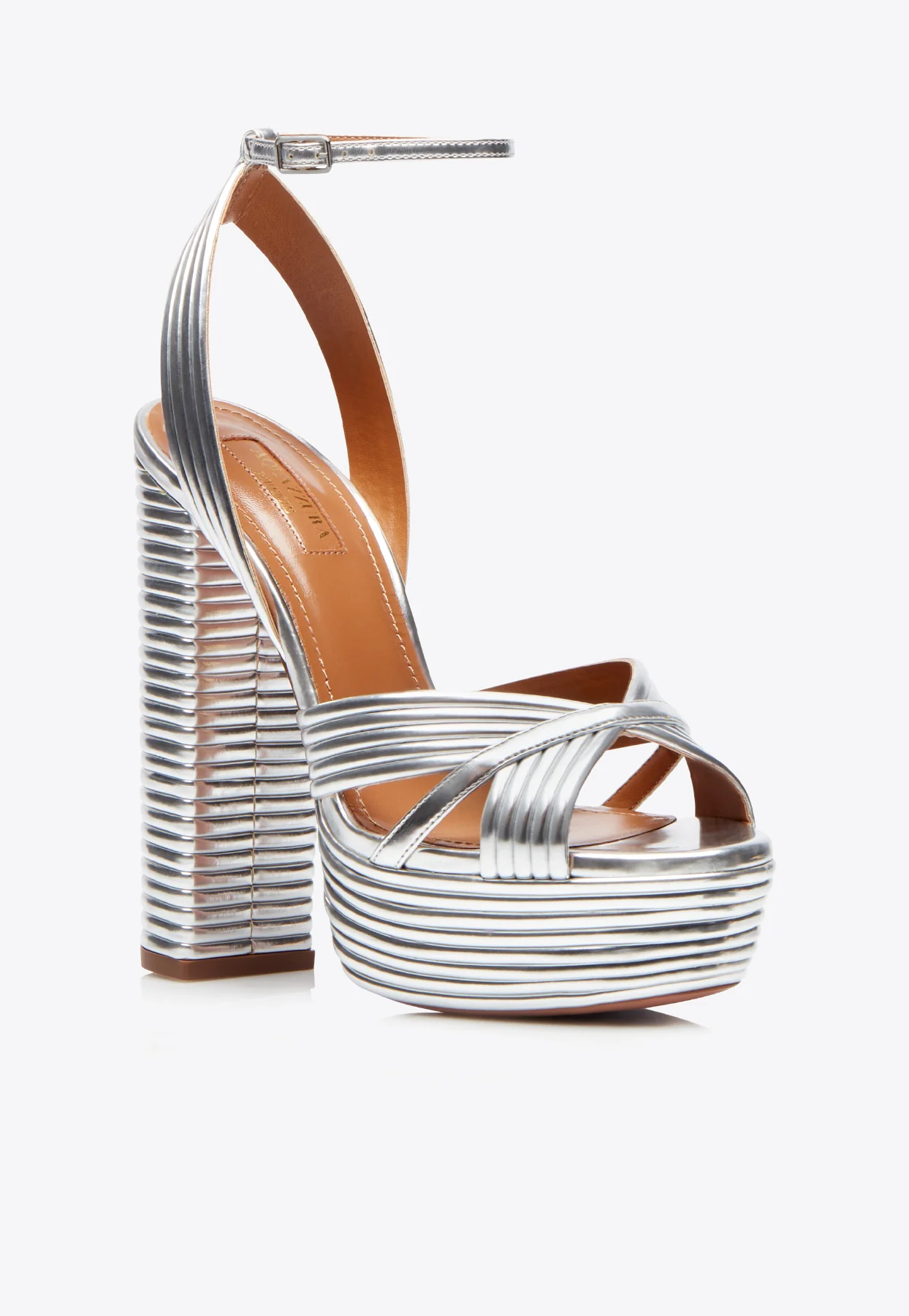 Aquazzura Sundance Plateau 140 Platform Sandals in Mirrored Leather Women Shoes