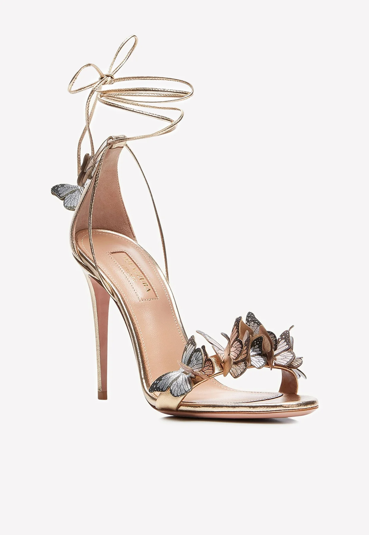 Aquazzura Papillion 105 Butterfly Applique Sandals in Metallic Nappa Leather Women Shoes