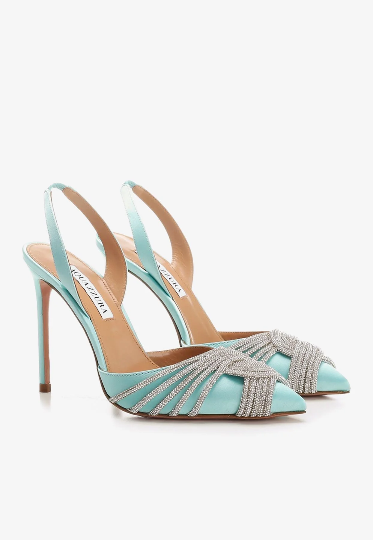 Aquazzura Gatsby 105 Crystal Embellished Slingback Pumps in Satin Women Shoes