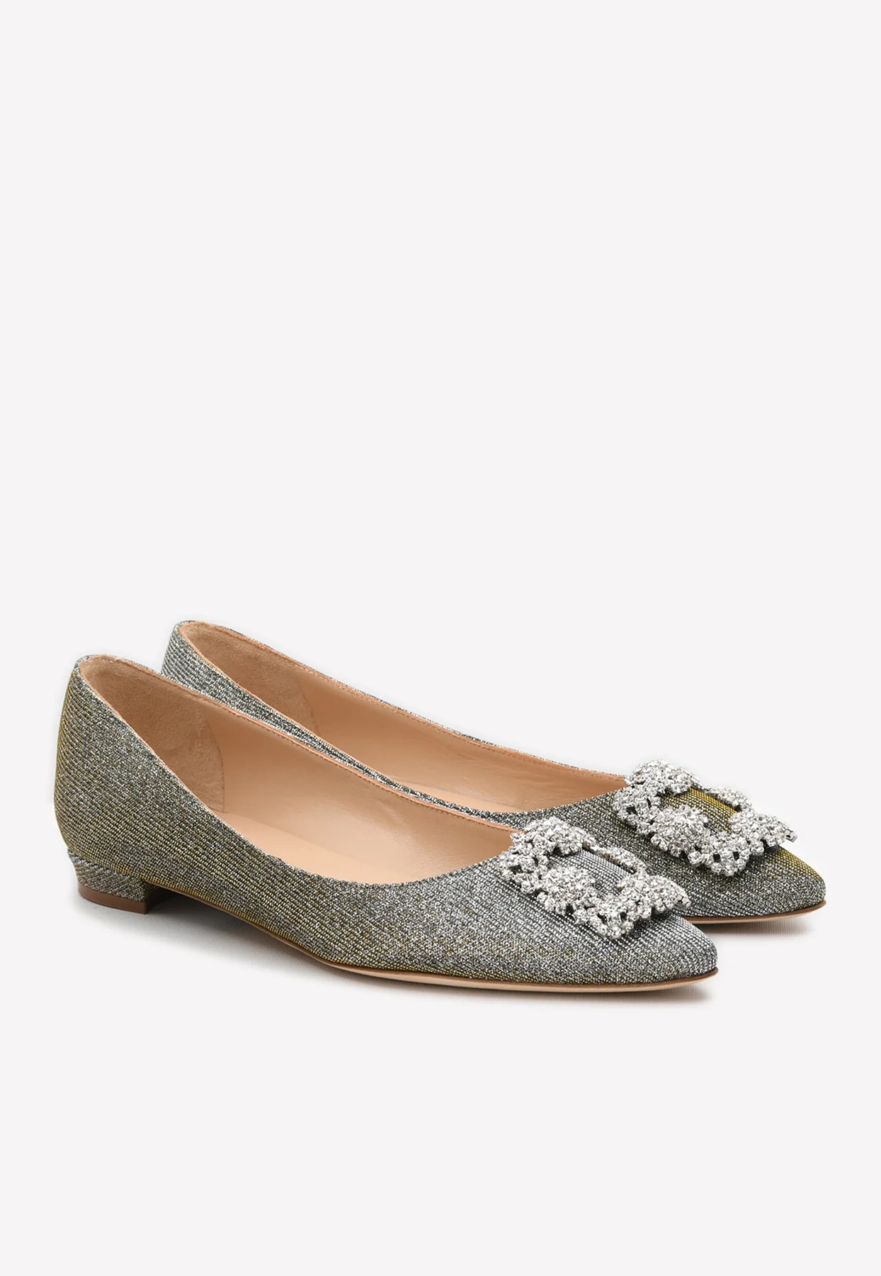 Manolo Blahnik Hangisi Glittered Ballet Flats with Crystal Buckle