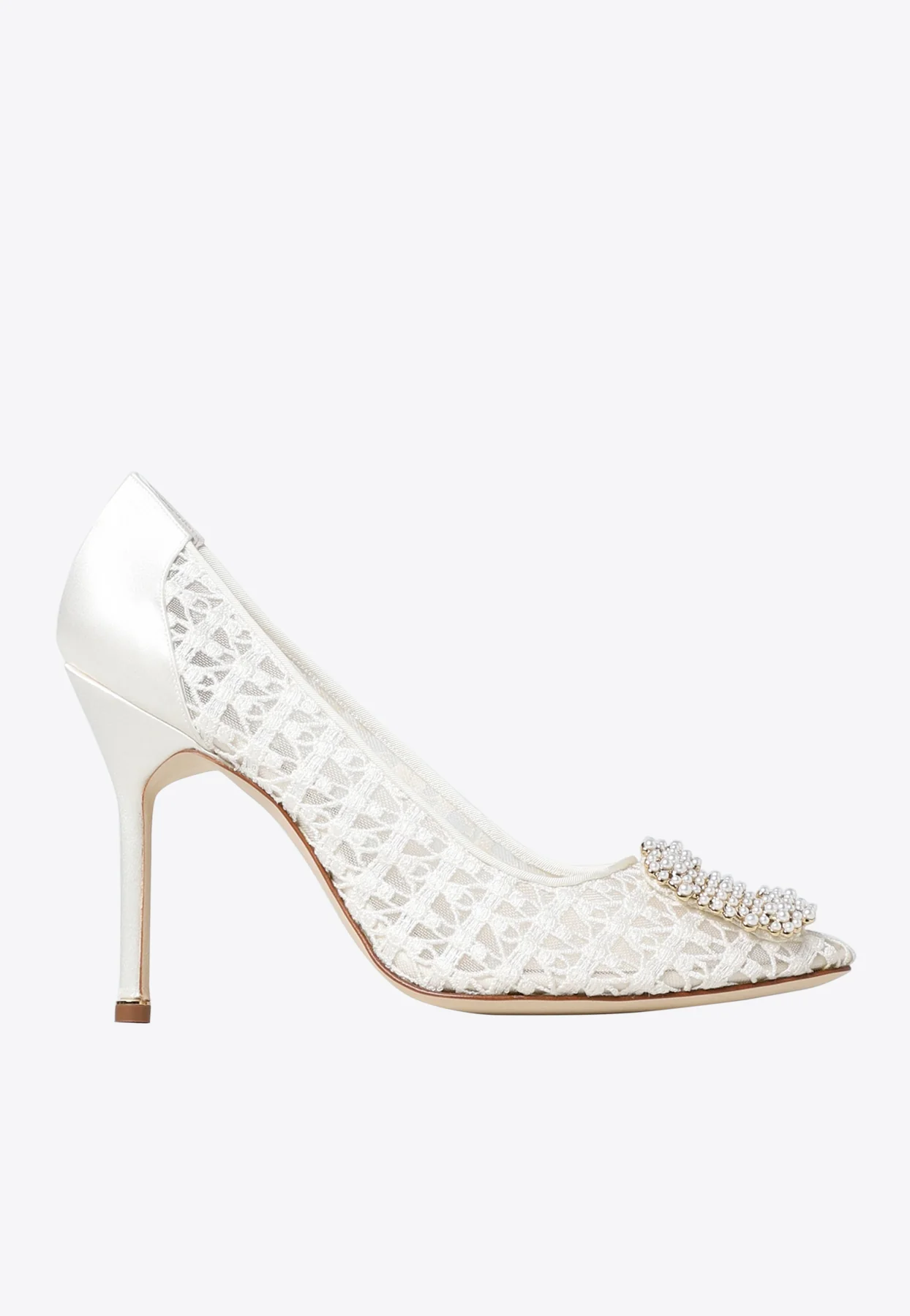Manolo Blahnik Hangisi 105 Pearl Buckle Lace Pumps