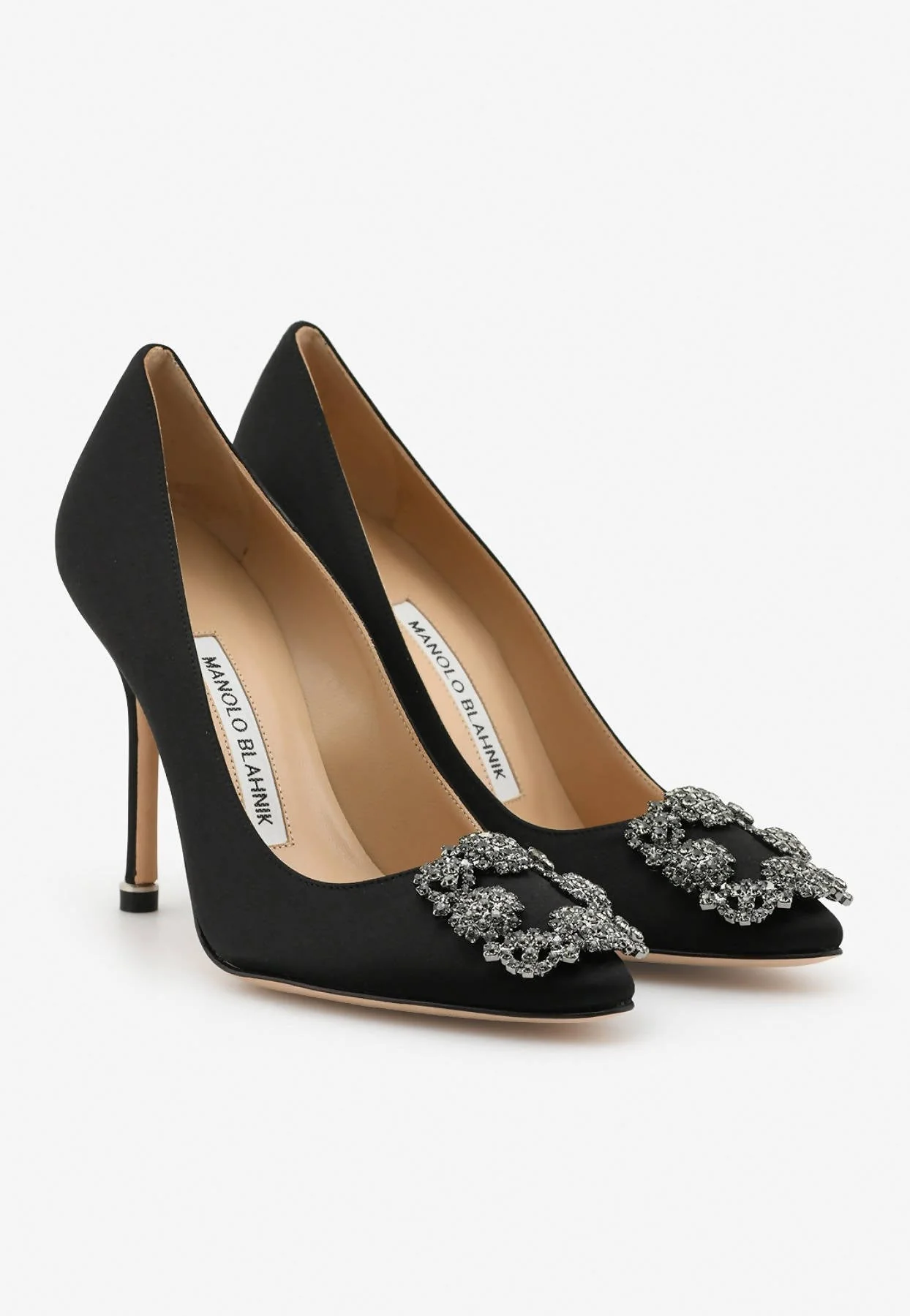 Manolo Blahnik Hangisi 105 FMC Crystal Buckle Satin Pumps