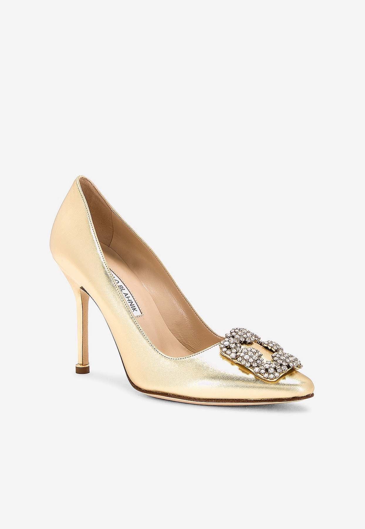 Manolo Blahnik Hangisi 105 Crystal Buckle Pumps in Metallic Leather