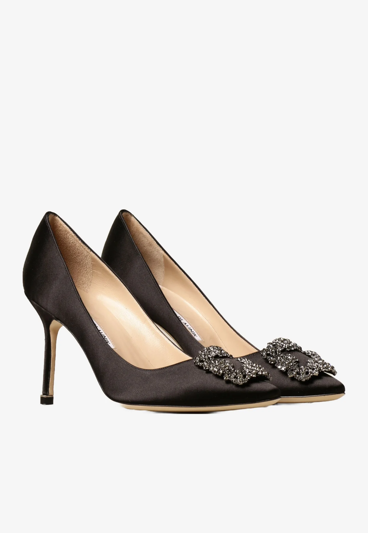 Manolo Blahnik Hangisi 90 Satin Pumps with FMC Crystal Buckle
