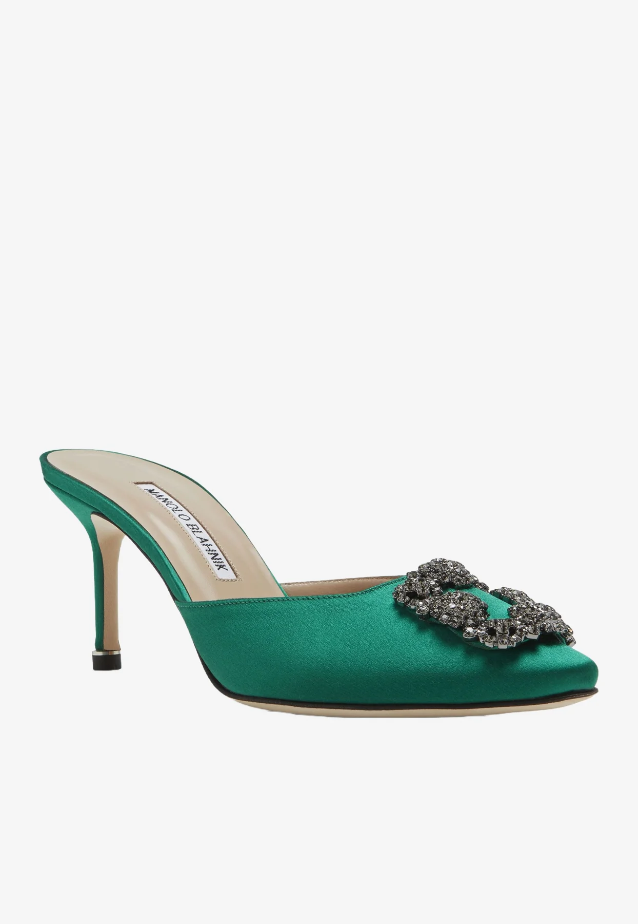 Manolo Blahnik Hangisimu 70 Satin Mules with FMC Crystal Buckle