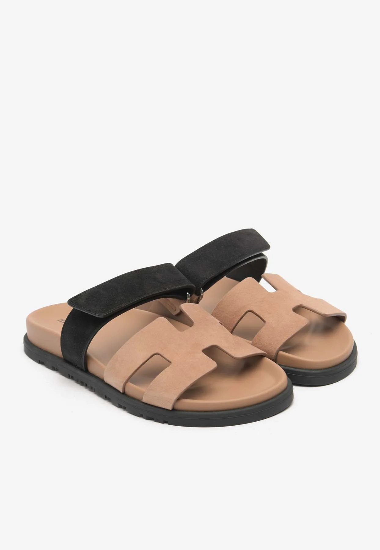 Hermes Chypre Sandals in Rose Perle and Noir Suede