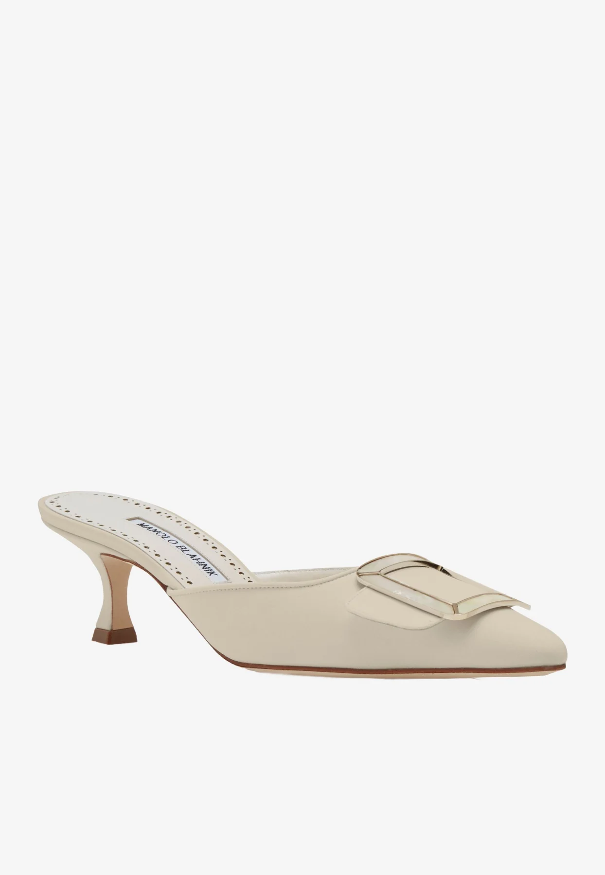 Manolo Blahnik Maysale 50 Pearl Buckle Silk Mules