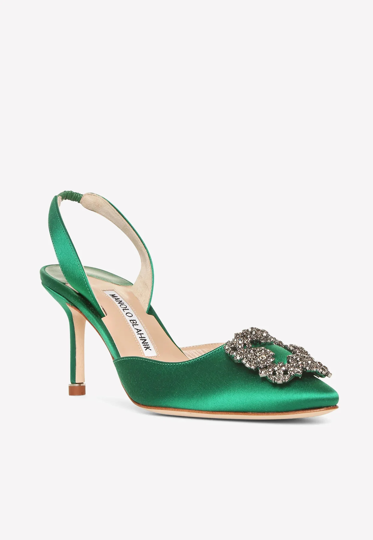 Manolo Blahnik Hangisli 70 Crystal Buckle Slingback Pumps in Satin
