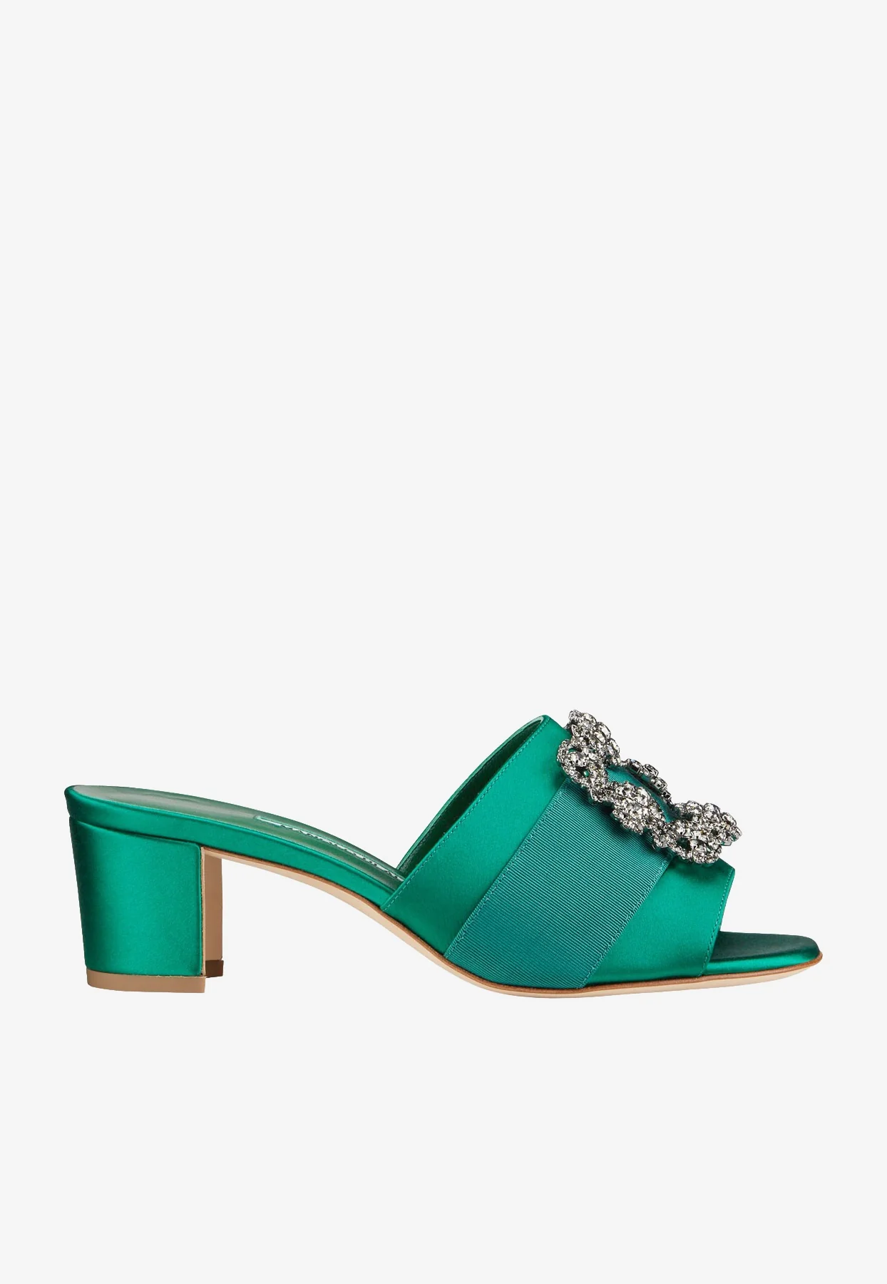 Manolo Blahnik Martanew 50 Satin Mules with Crystal Buckle