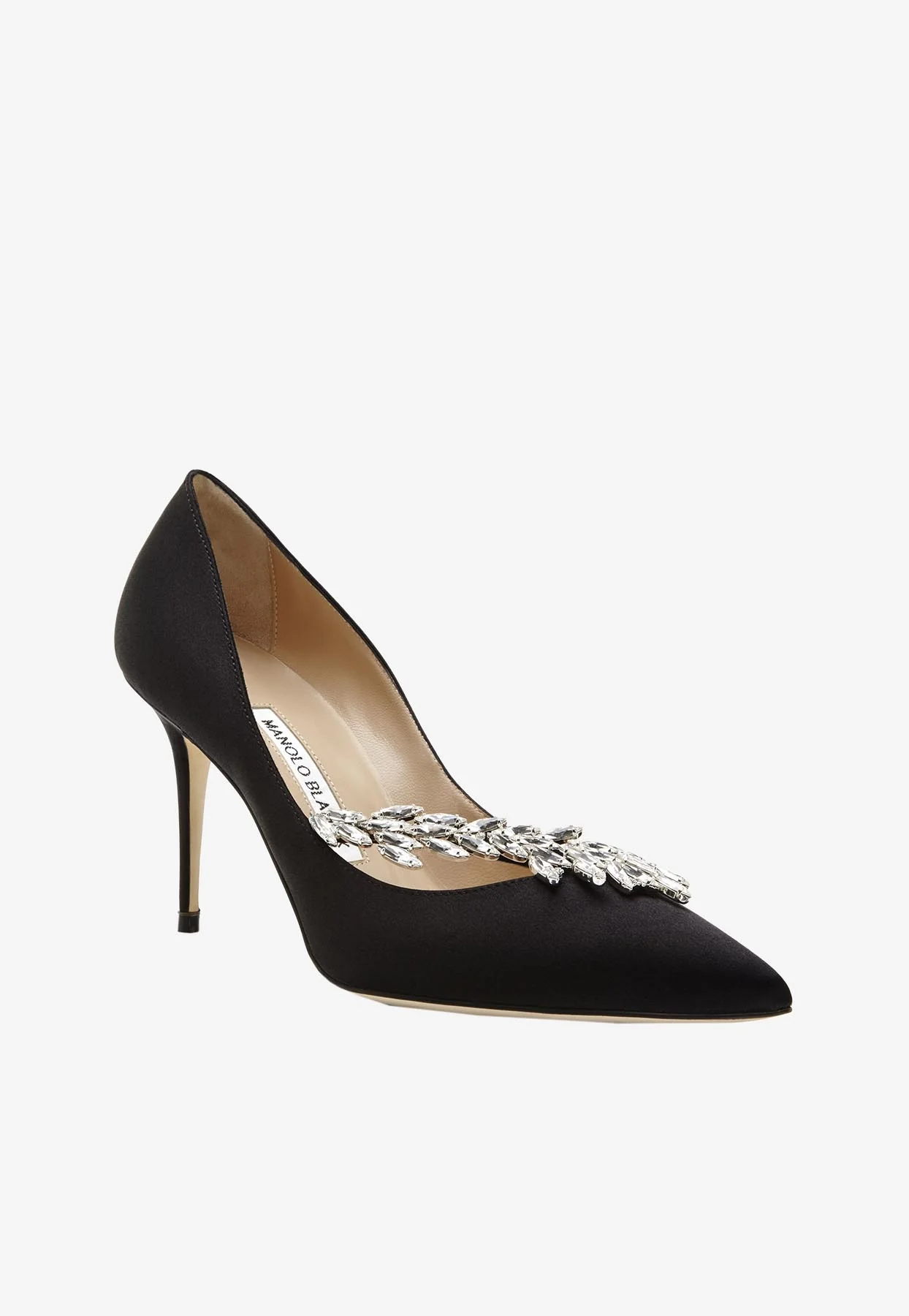 Manolo Blahnik Nadira 90 Satin Pumps with Crystal Leaf Embellishment