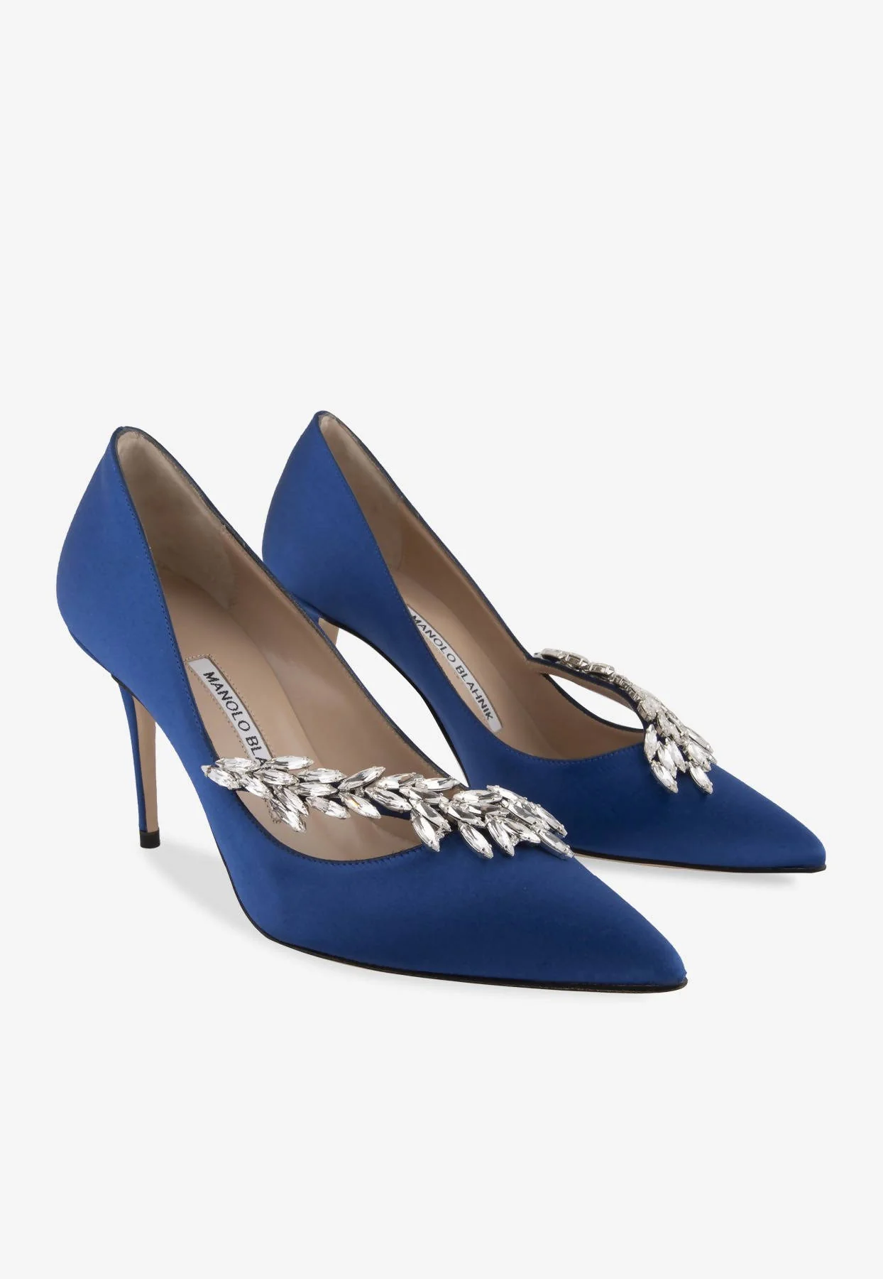 Manolo Blahnik Nadira 90 Satin Crystal-Embellished Pointed Pumps