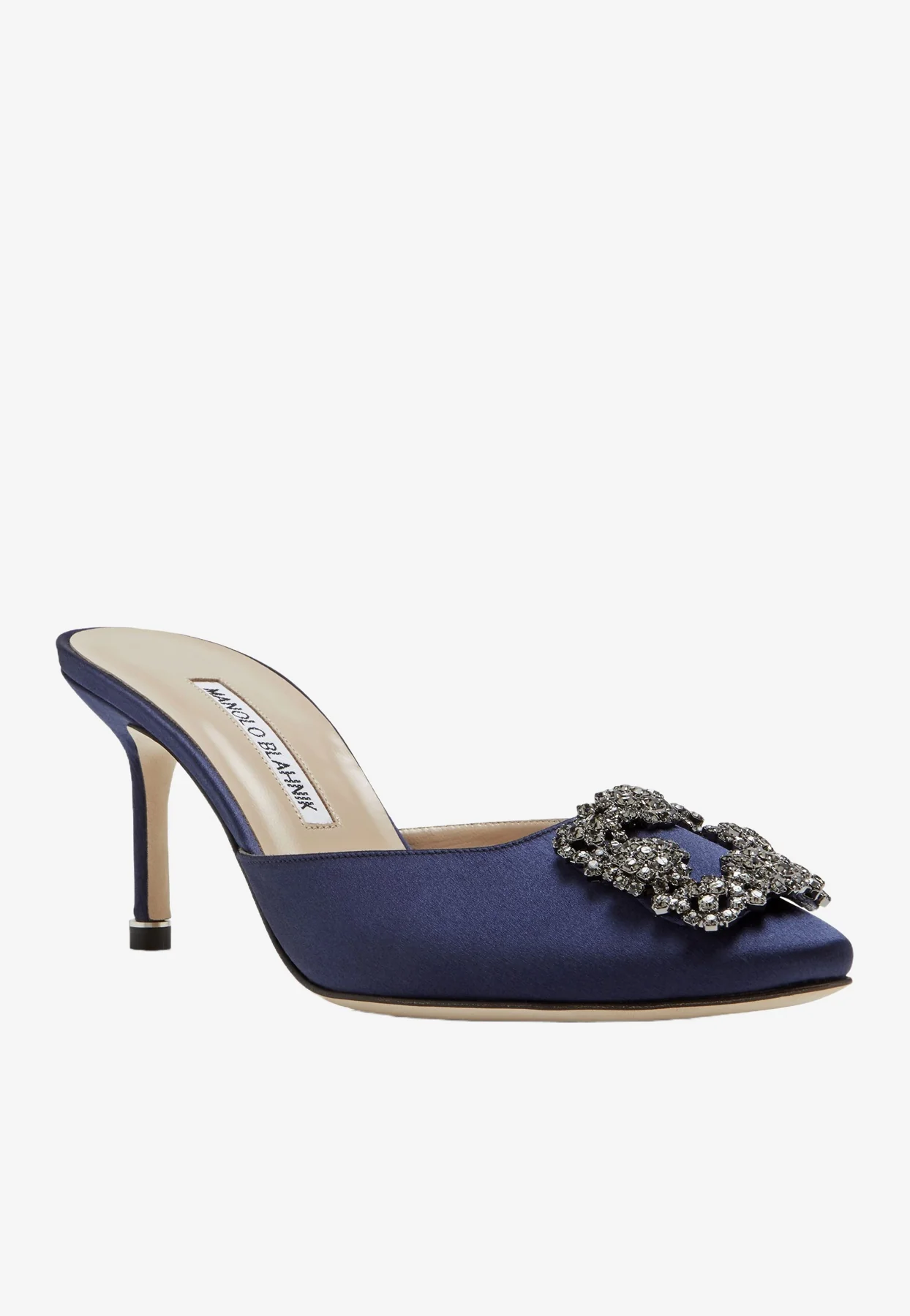 Manolo Blahnik Hangisimu 70 Satin Mules with FMC Crystal Buckle